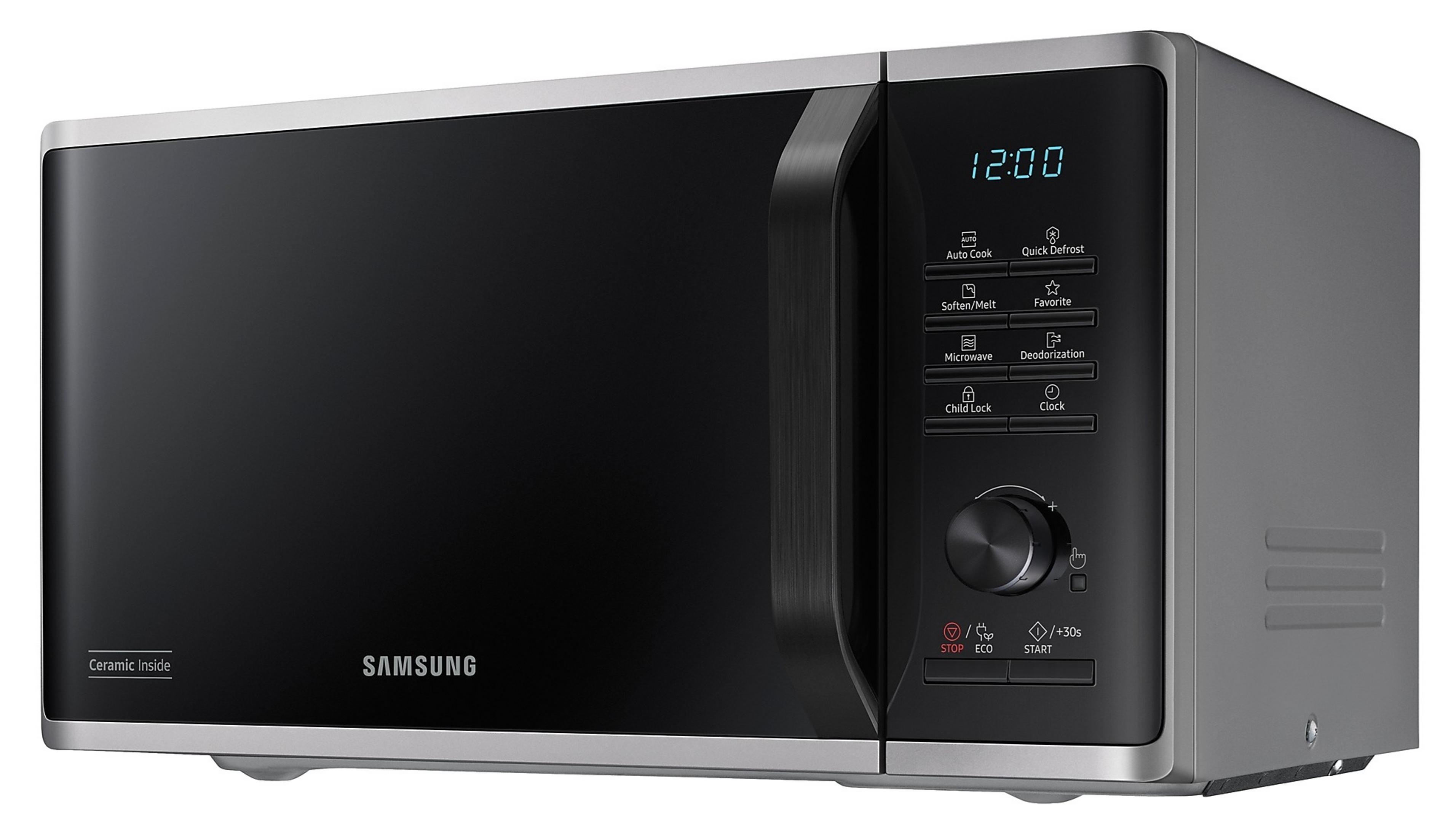 Un forno a microonde Samsung grigio e nero con display digitale e pulsanti di controllo.