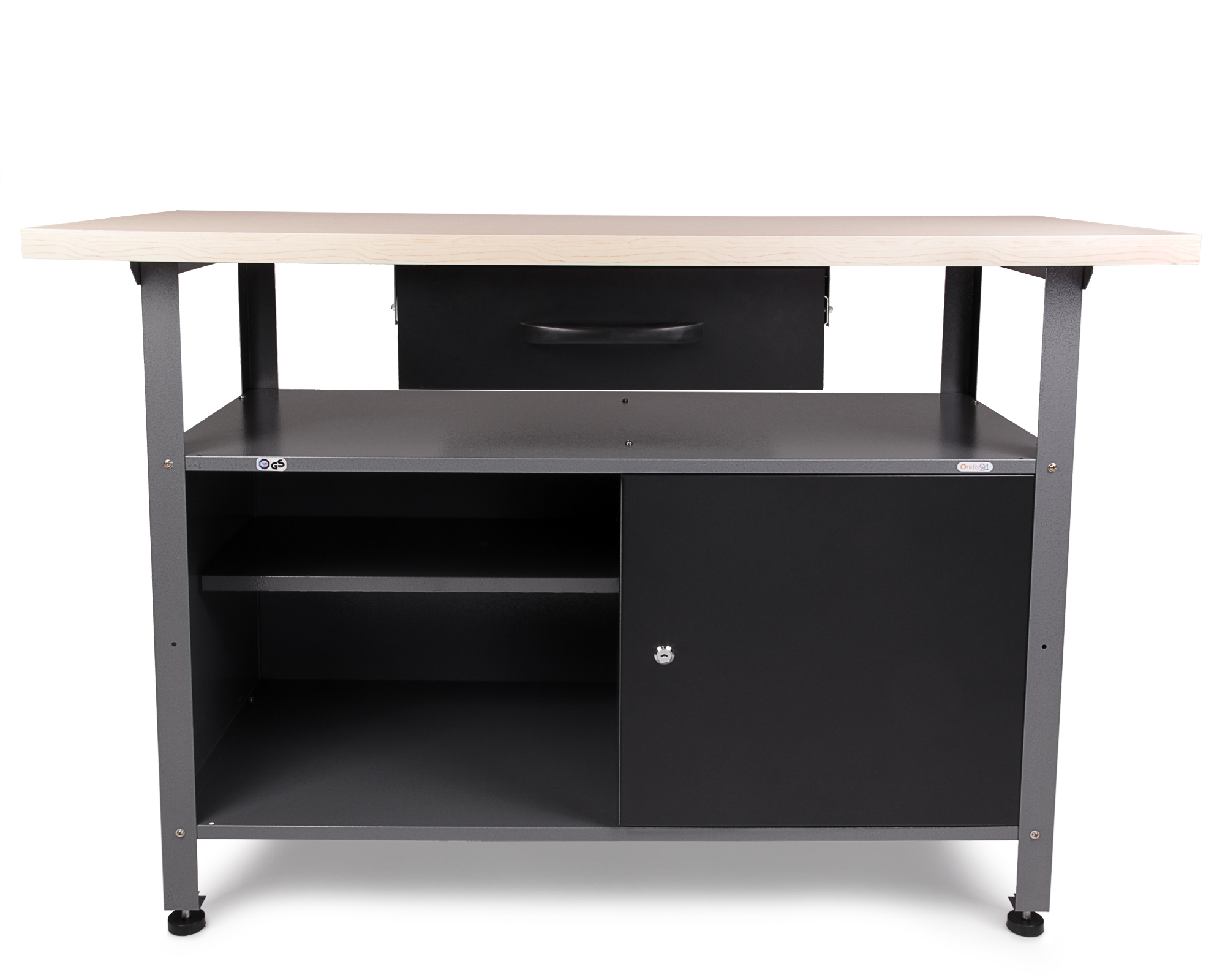 Ein Werkstattwagen mit Holzplatte, Schublade, offenem Regal und Schrank.