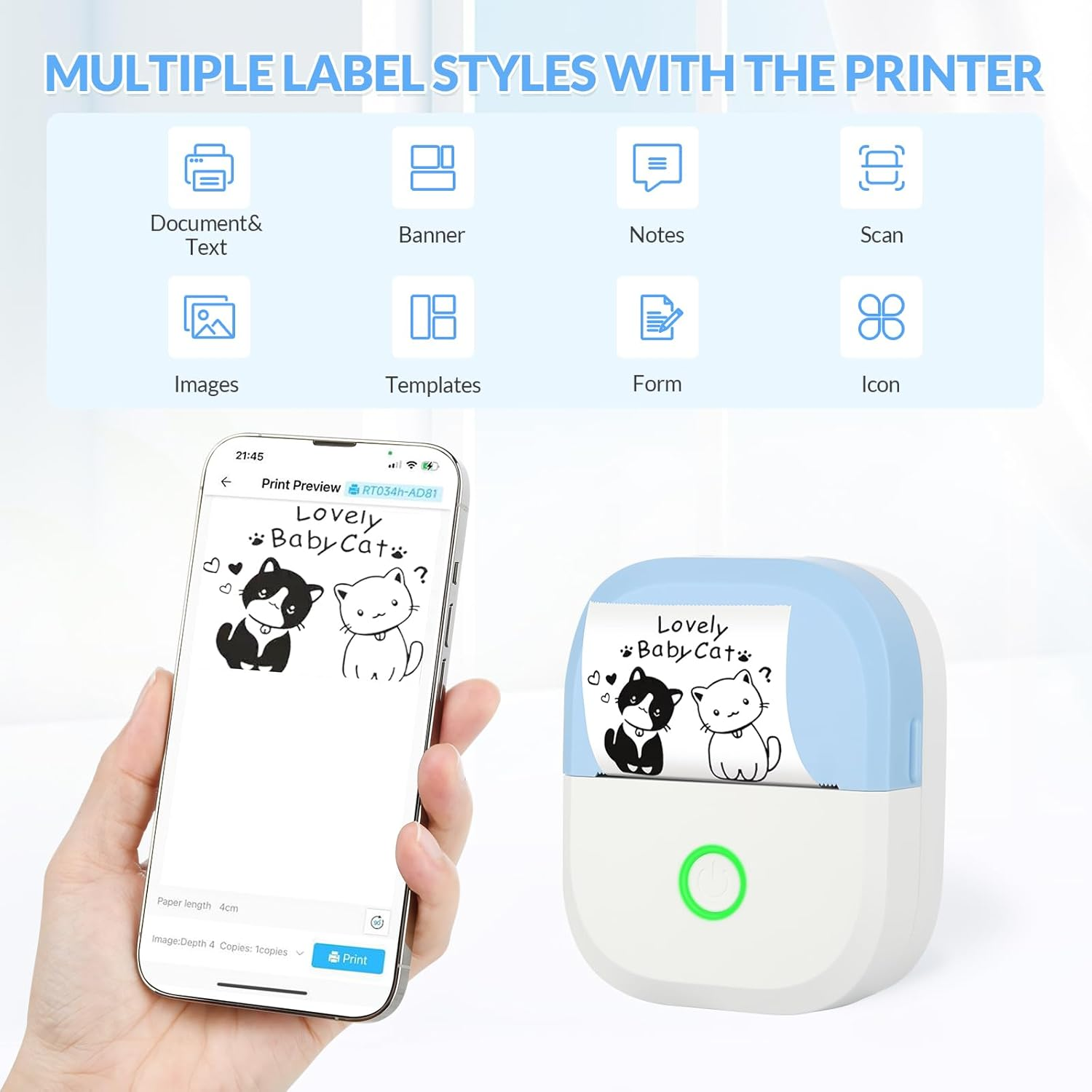 Ein Smartphone zeigt einen Druckvorschau mit Katzen. Ein Drucker daneben druckt ein Etikett.