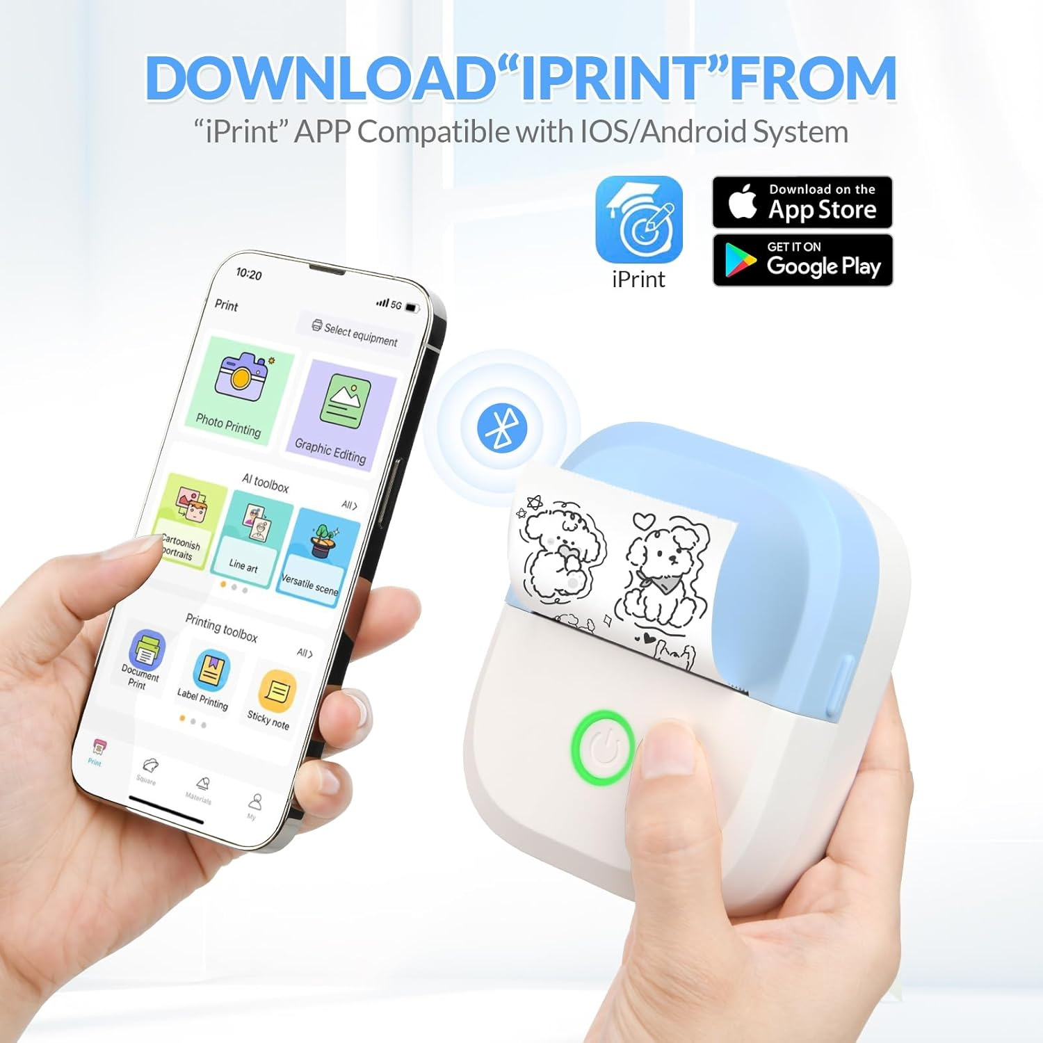 Ein Smartphone zeigt die iPrint-App, daneben ein Drucker mit Hund-Aufklebern.