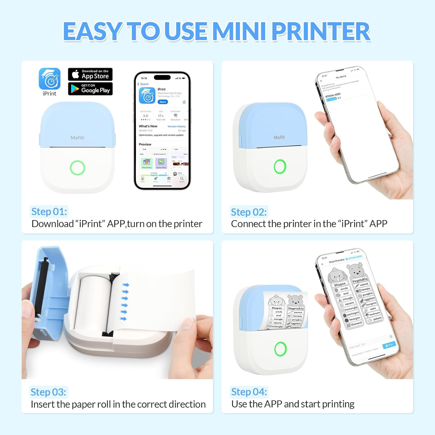 Ein Mini-Drucker mit App-Anleitung: App-Download, Verbindung, Papier einlegen, Drucken.