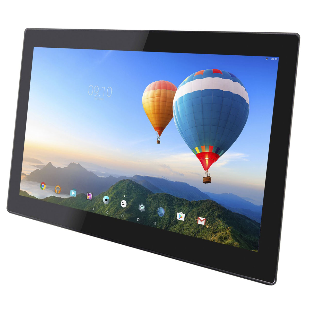 Tablet mit zwei Heißluftballons über Bergen, blauer Himmel, 09:10 Uhr.