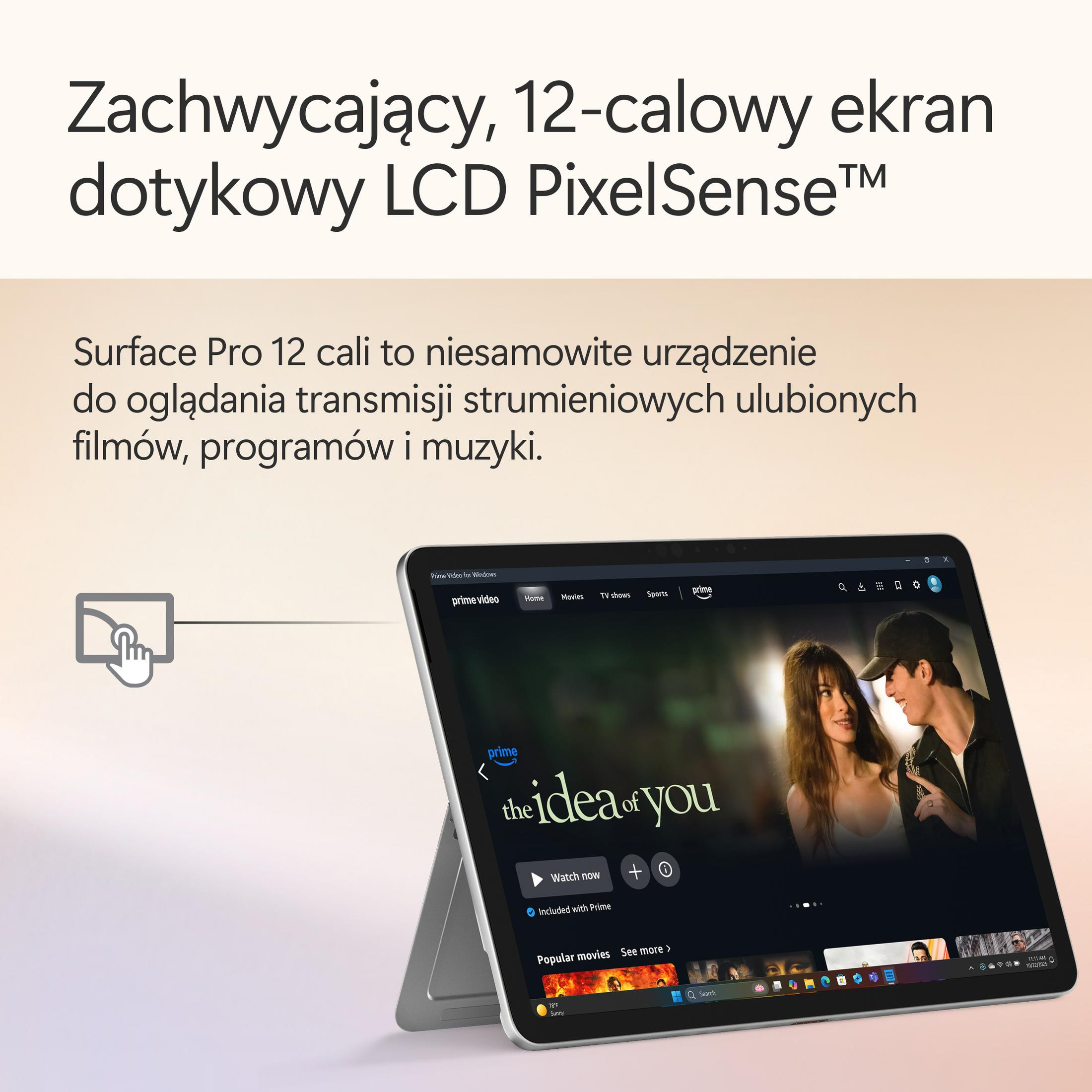 Surface Pro z 12-calowym ekranem dotykowym wyświetla ekran główny Prime Video z filmem 'The Idea of You'.