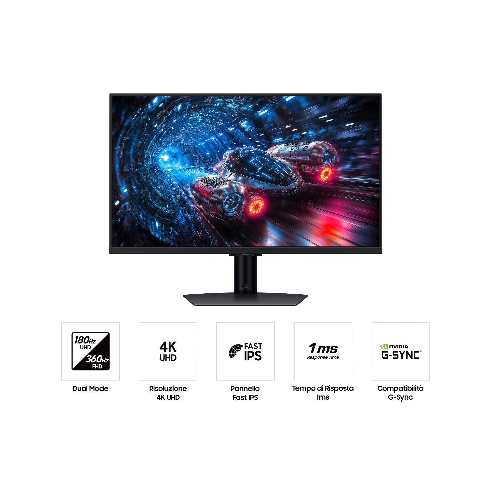 Monitor z futurystyczną sceną i ikonami Dual Mode, 4K UHD, Fast IPS, 1ms, G-Sync.