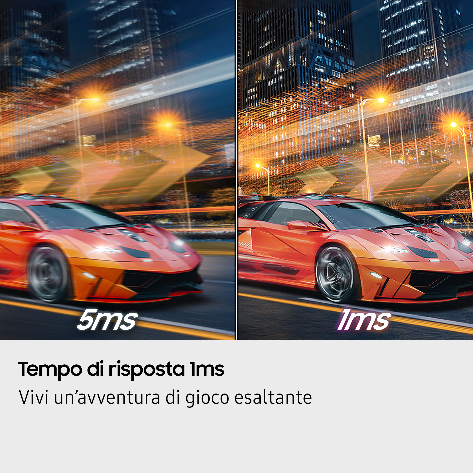 Pomarańczowy samochód sportowy pędzi nocą przez miasto, 5ms vs 1ms.