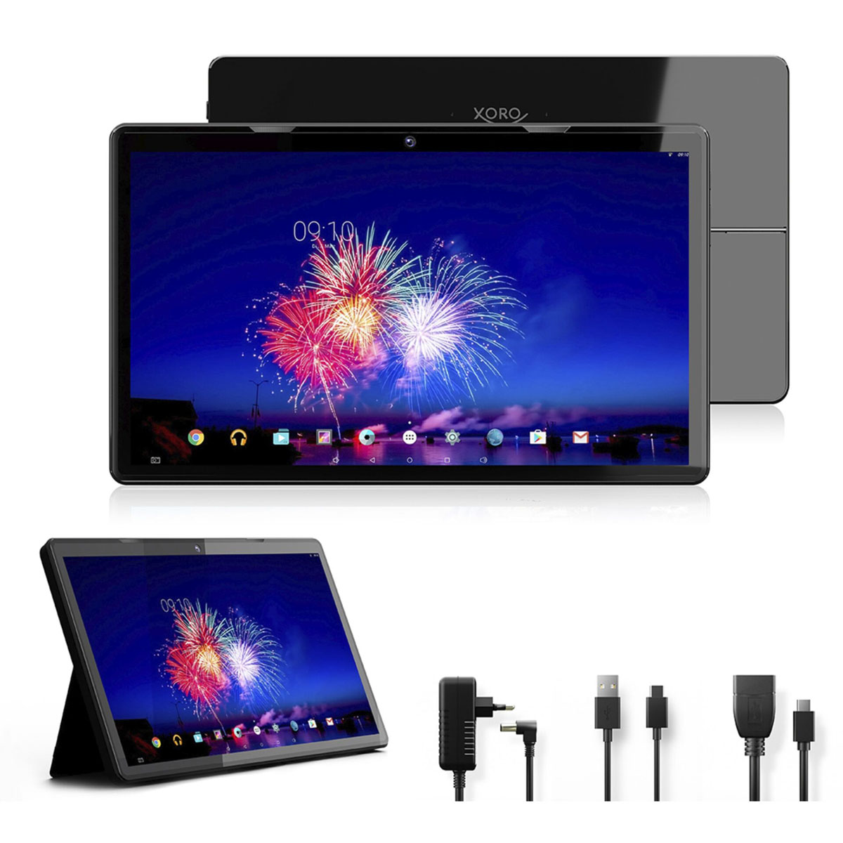 Ein Tablet mit Feuerwerk-Hintergrund, Ladekabel und Netzteil.