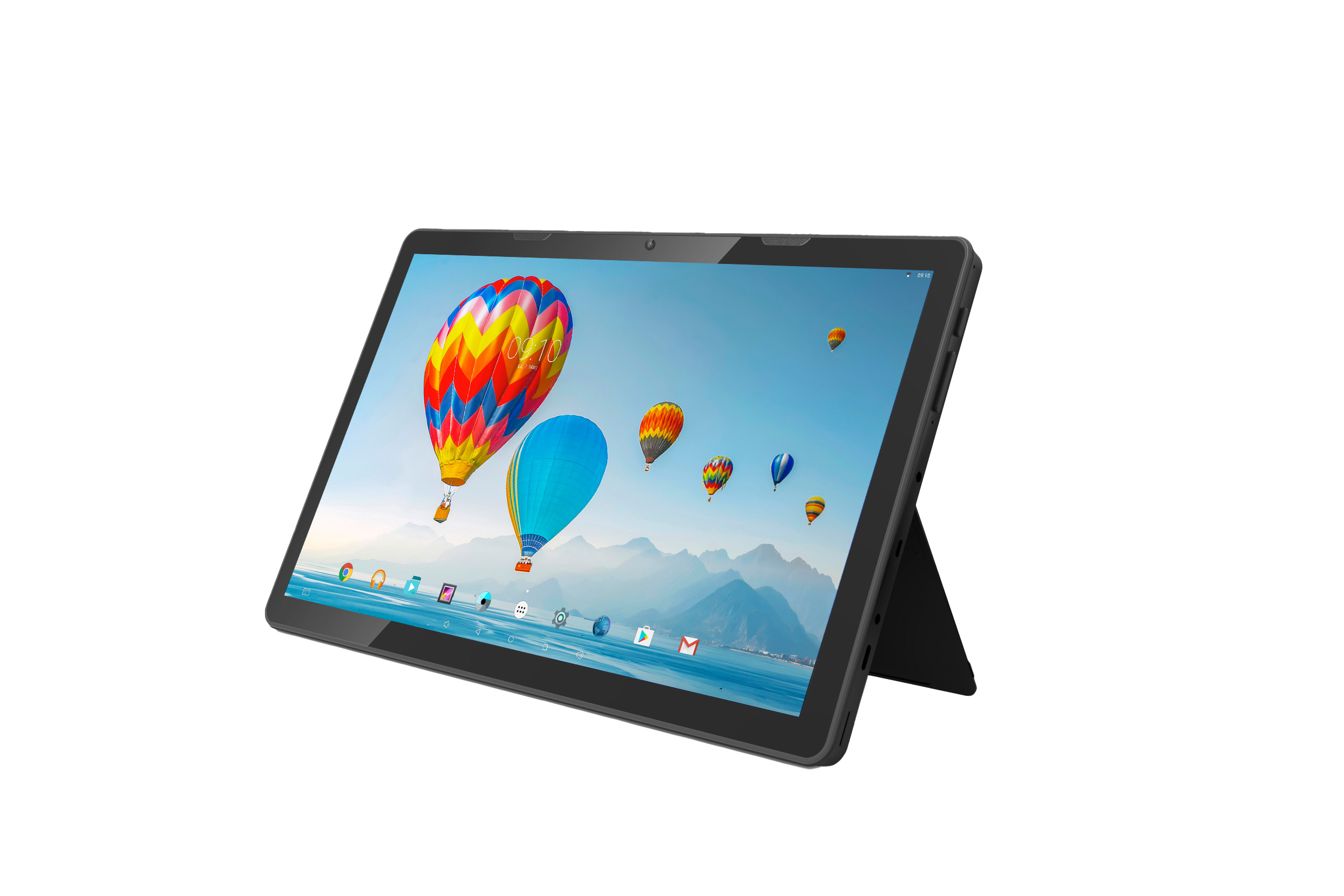 Ein schwarzes Tablet steht auf einem Ständer, der Bildschirm zeigt bunte Heißluftballons.