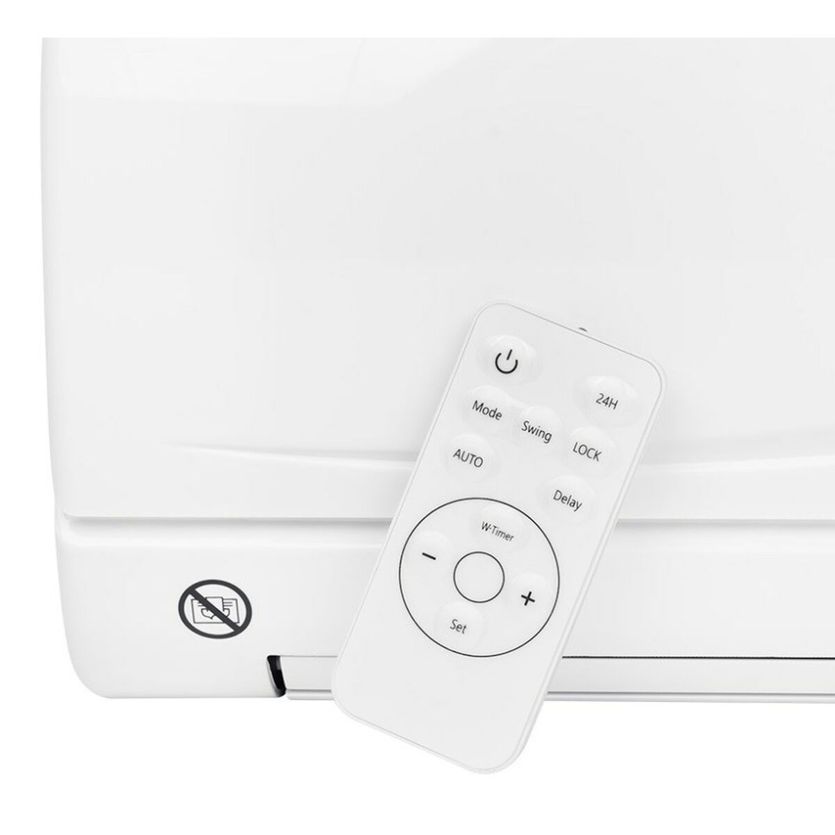 Biały pilot leży na białym urządzeniu. Etykiety obejmują Tryb, Huśtawka, Blokada.