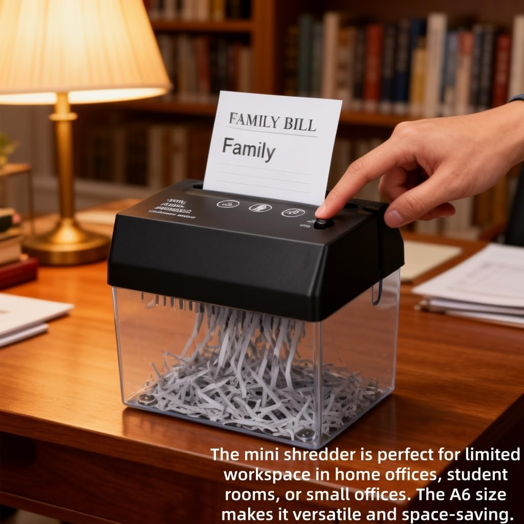 Ein Mann schreddert ein Dokument mit dem Titel "FAMILY BILL" in einem kleinen Aktenvernichter.