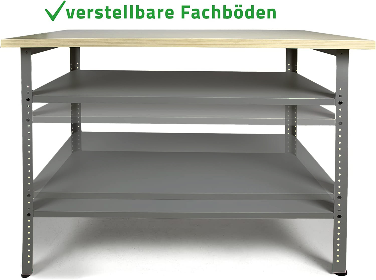 Grauer Lagerregal mit drei Böden und Holzdach.