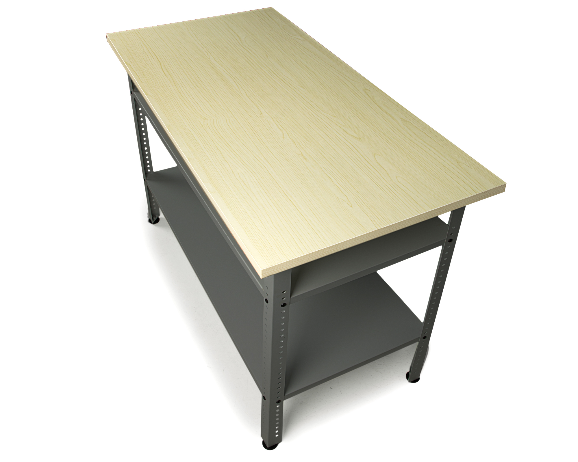 Grauer Metalltisch mit zwei Regalen und heller Holzplatte, weißer Hintergrund.