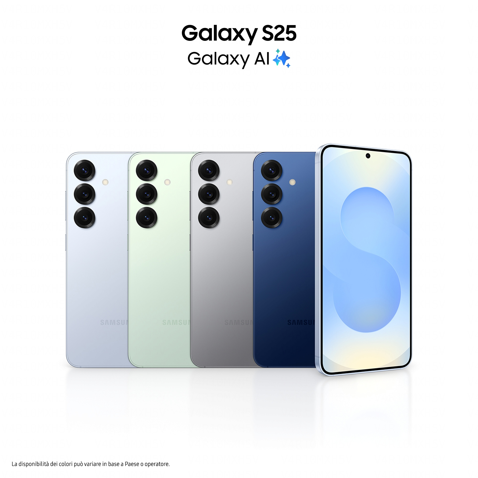 Vier Samsung Galaxy Smartphones in Lavendel, Hellgrün, Grau und Dunkelblau.