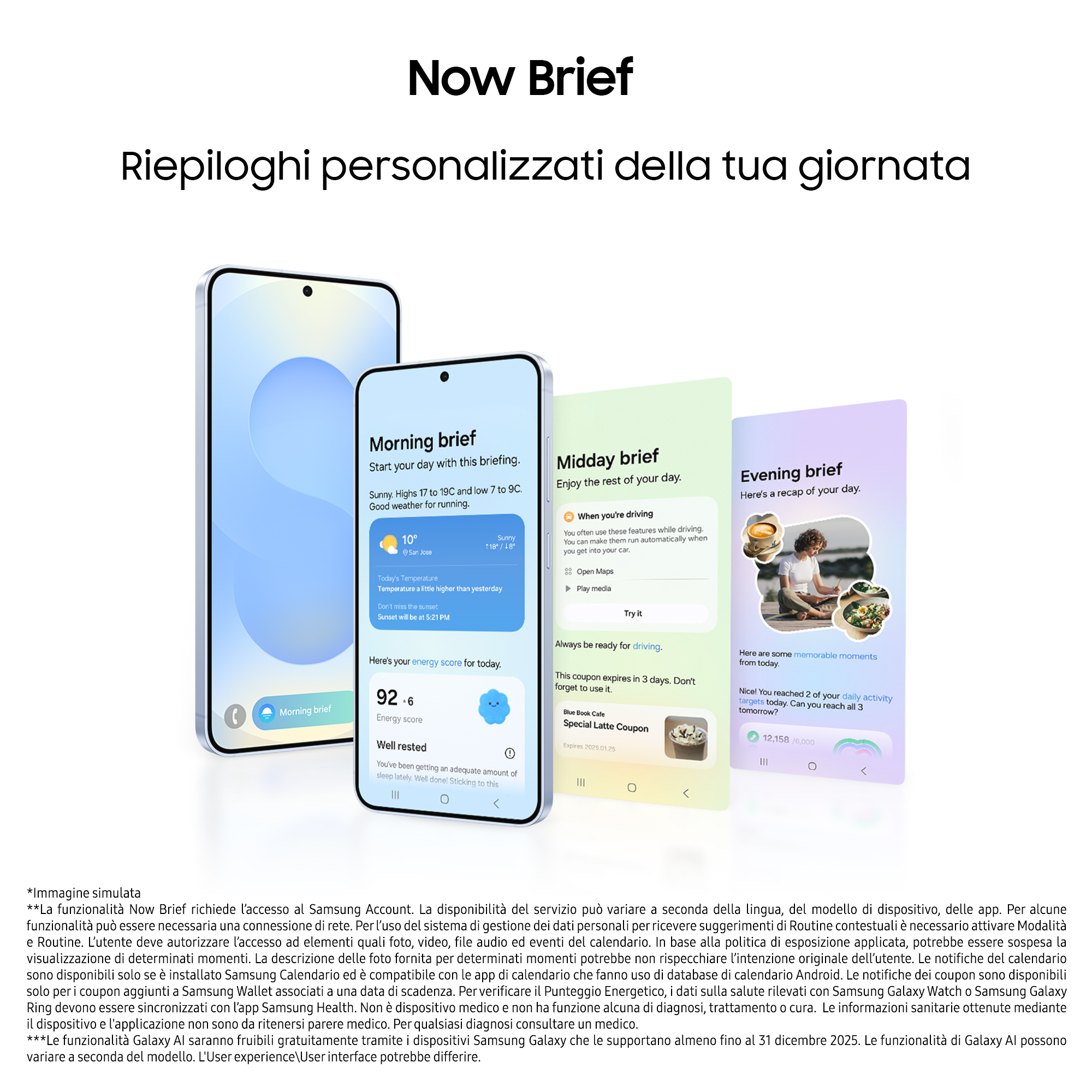 Drei Samsung-Handys zeigen personalisierte Morgen-, Mittag- und Abendzusammenfassungen.