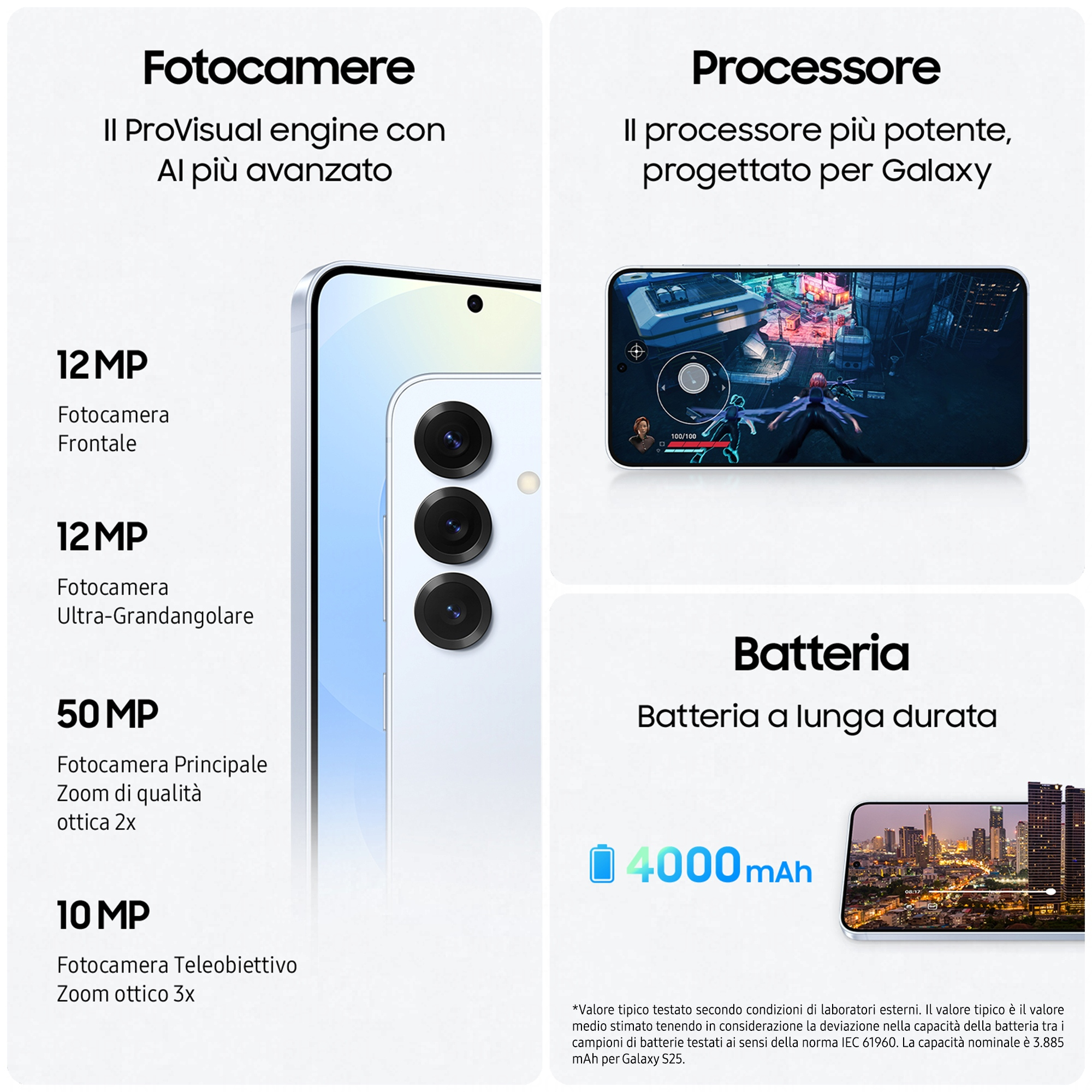 Smartphone-Details: Kamera, Prozessor, Akku. Mit 12 MP Frontkamera, 50 MP Hauptkamera, 10 MP Teleobjektiv.