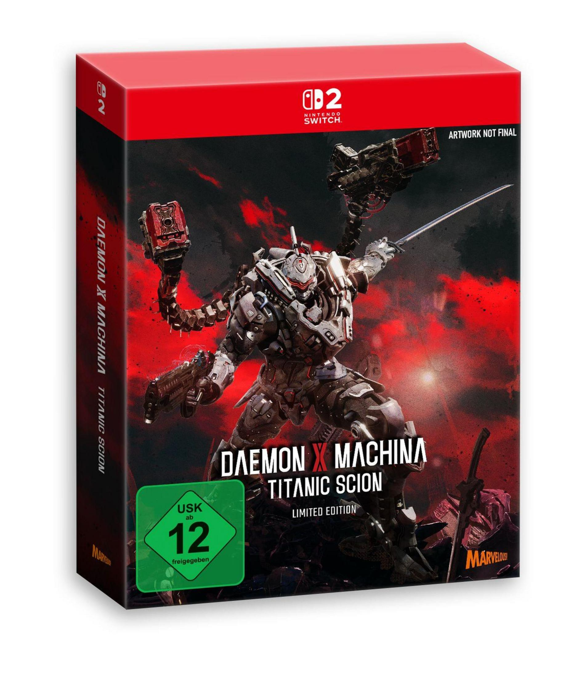 Die Hülle von Daemon X Machina: Titanic Scion zeigt einen Mech vor rotem Hintergrund.
