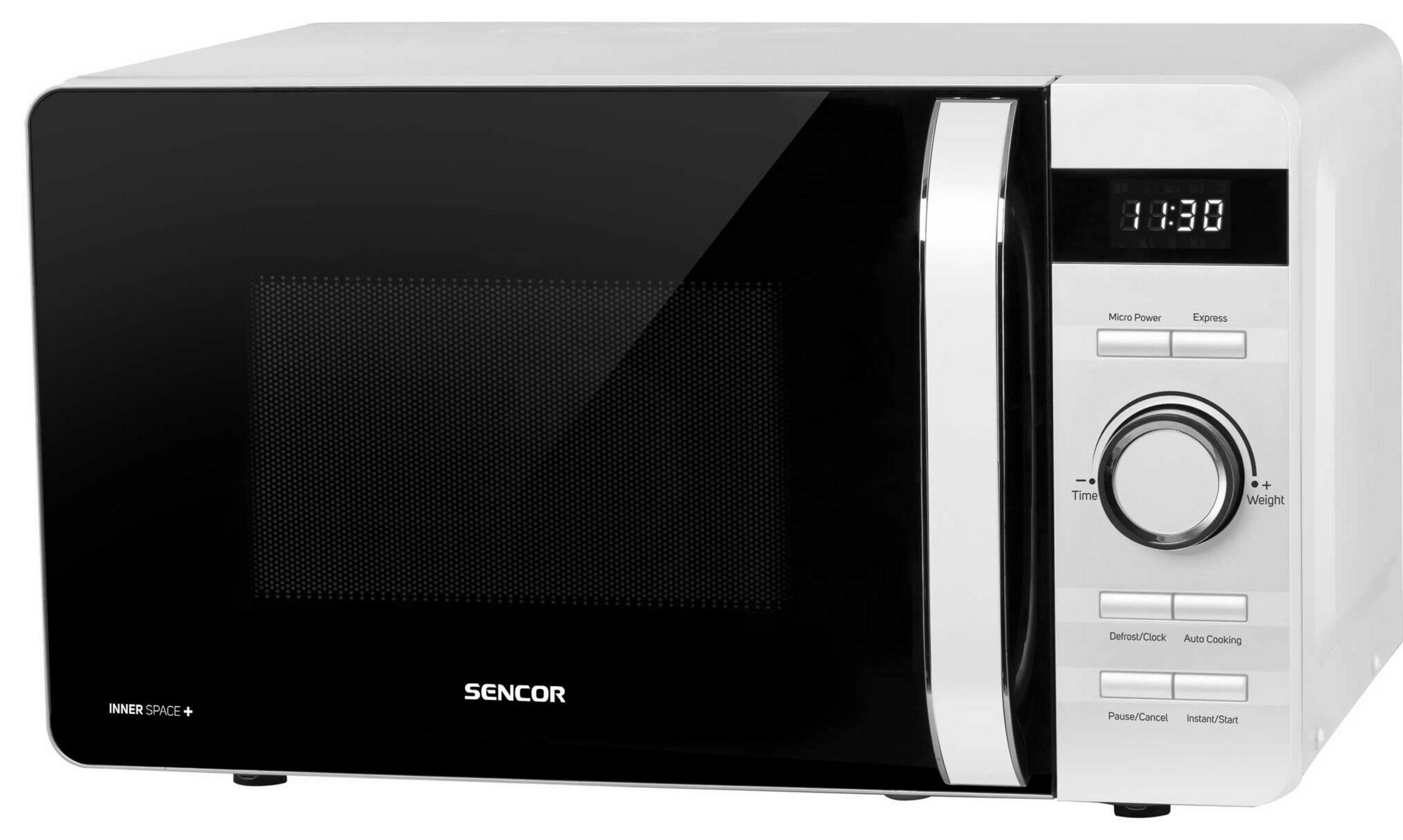 Un forno a microonde Sencor bianco con porta nera e display digitale.