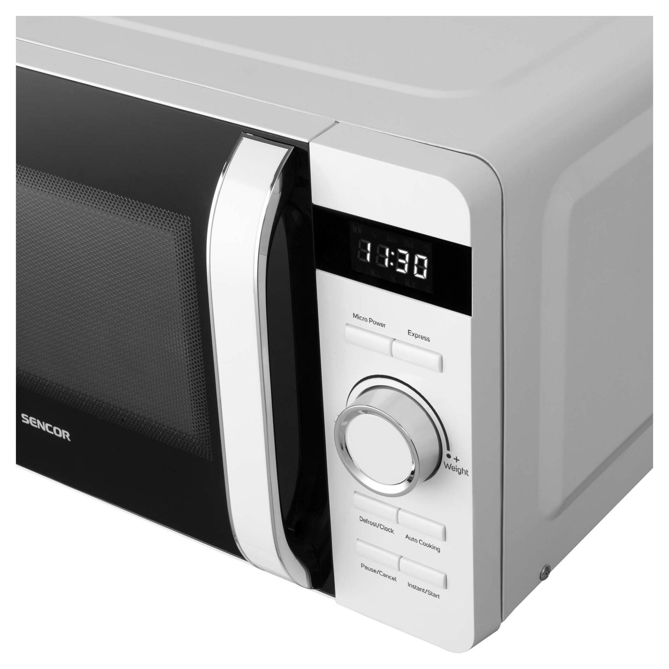 Un forno a microonde SENCOR bianco con porta nera e display digitale.