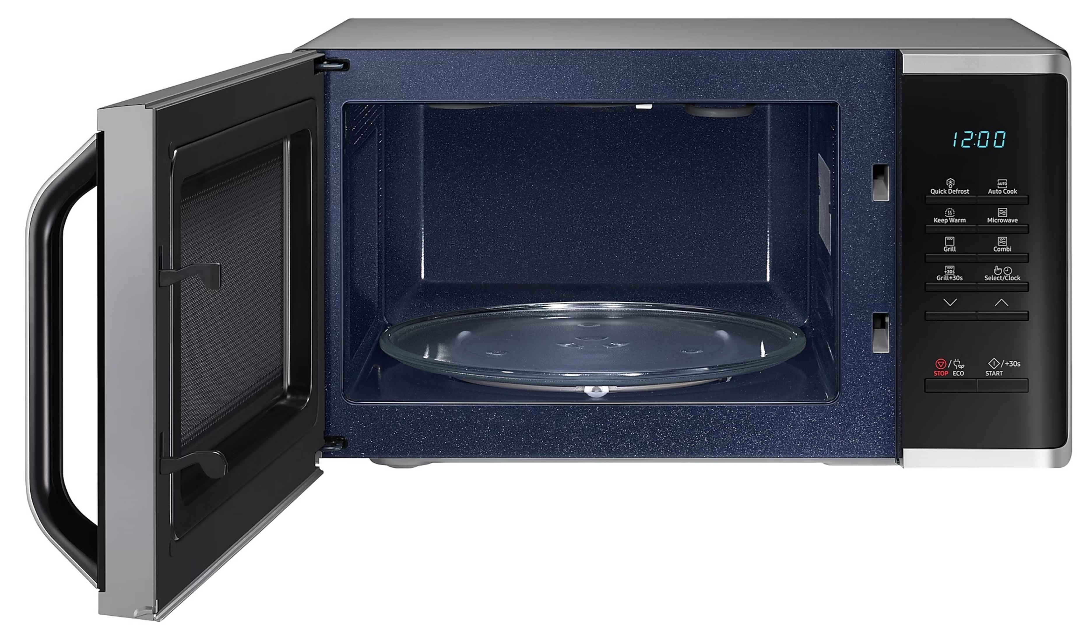 Forno a microonde aperto con piatto girevole in vetro e controlli digitali.