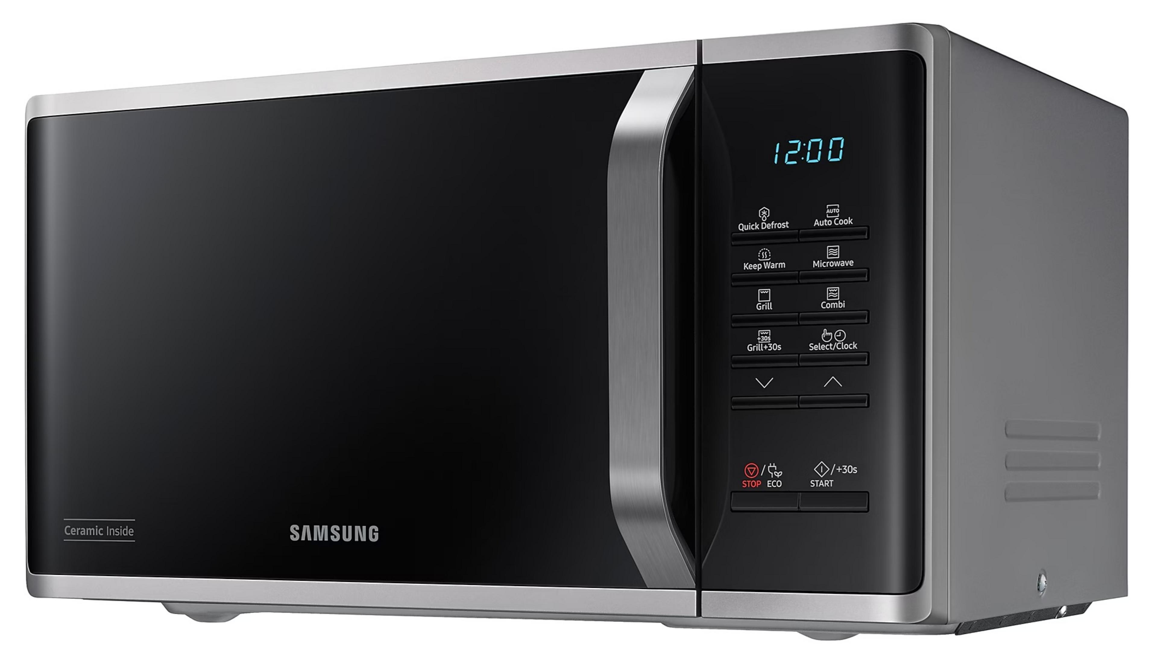 Forno a microonde Samsung argento con porta nera e display digitale.