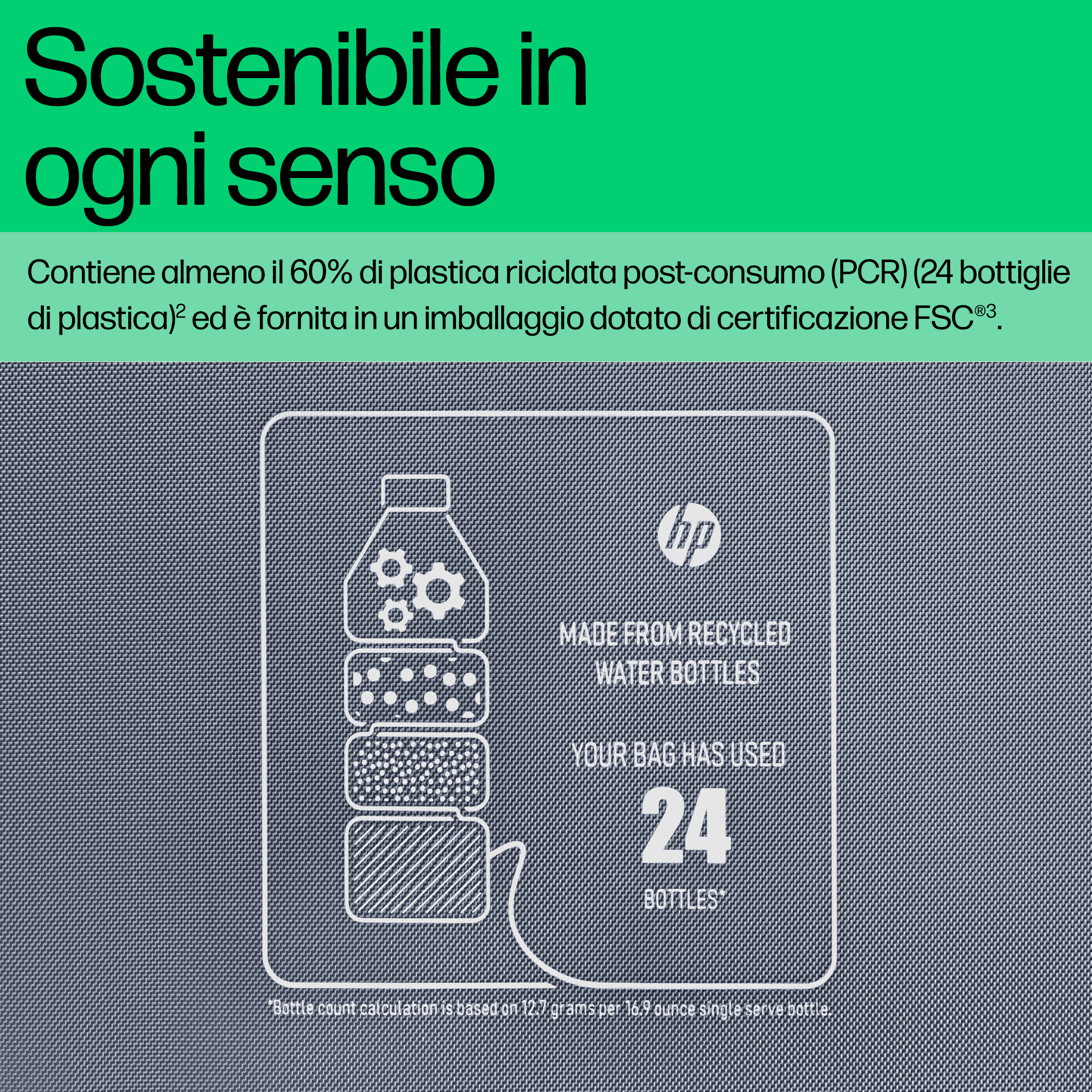 Grafik einer Flasche aus recycelten Wasserflaschen mit HP-Logo.