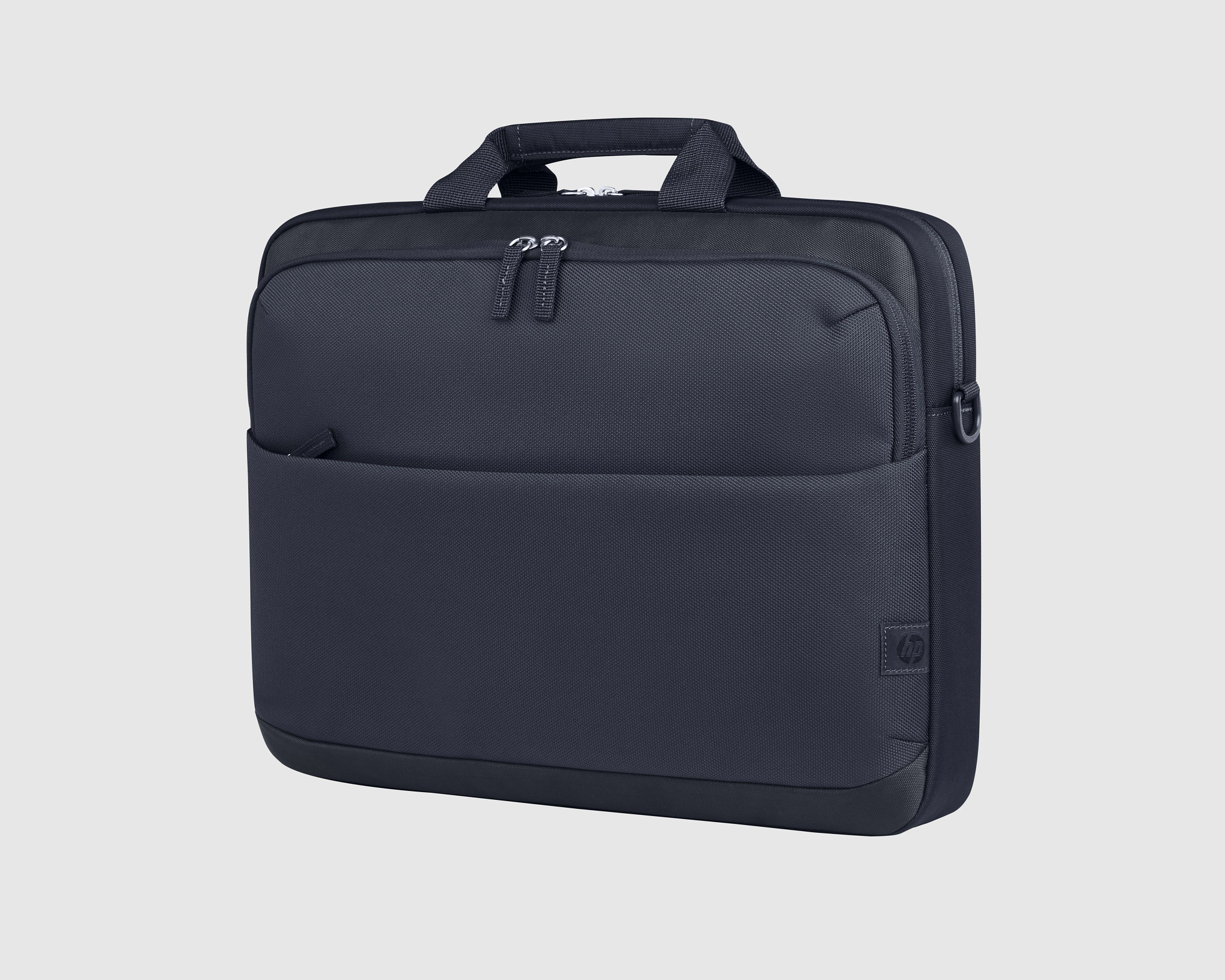 Dunkelblaue Laptoptasche mit Tragegriffen und Reißverschlussfächern.