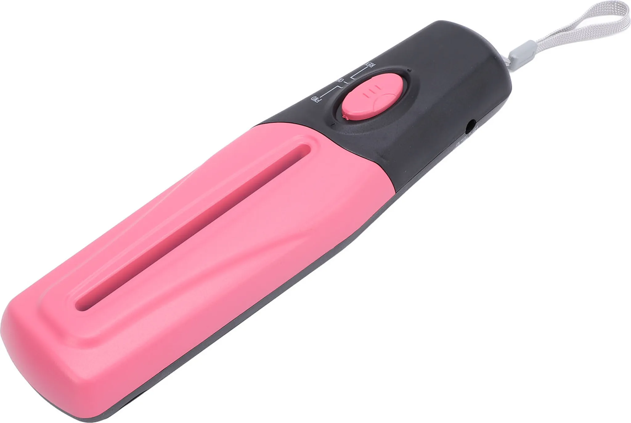 Ein pinker und schwarzer Haarglätter mit einem roten Knopf und Schlaufe.