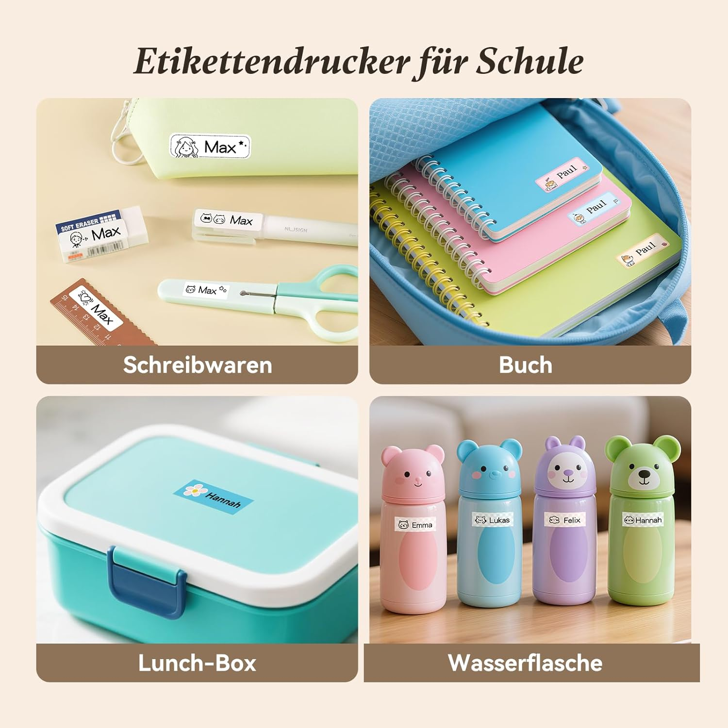 Vier Collagen mit Schulmaterialien: Schreibwaren, Bücher, Lunchbox und Flaschen.