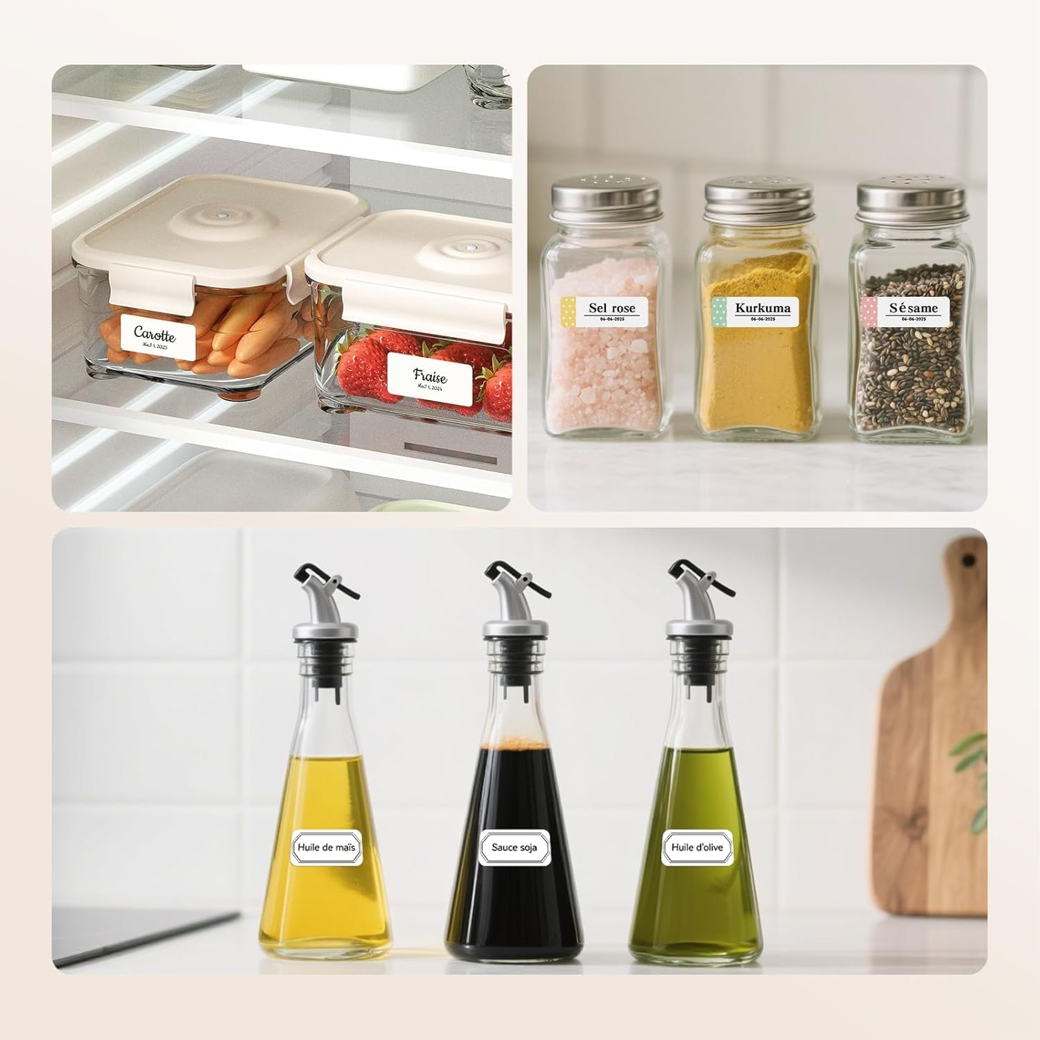 Kühlschrank mit Karotten, Erdbeeren, Gewürzen und Ölflaschen.