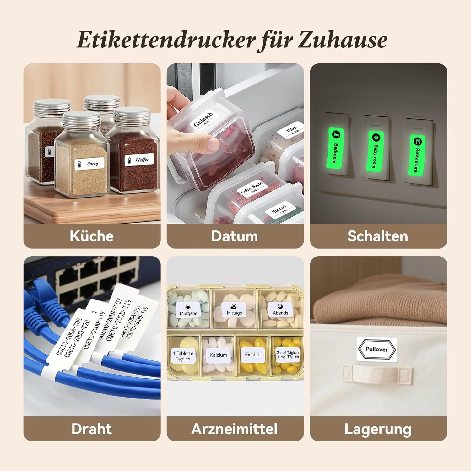 Etikettendrucker für Zuhause: Küche, Datum, Schalten, Draht, Arzneimittel, Lagerung.