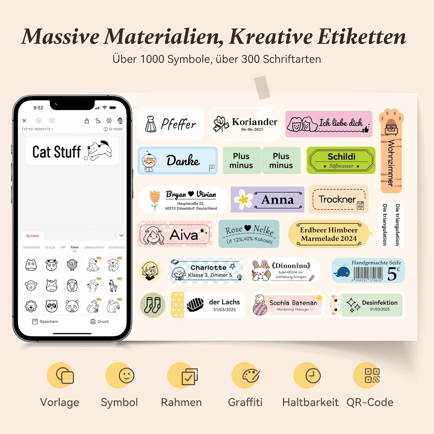Eine Collage von Etiketten mit Texten wie 'Cat Stuff', Namen und Daten.