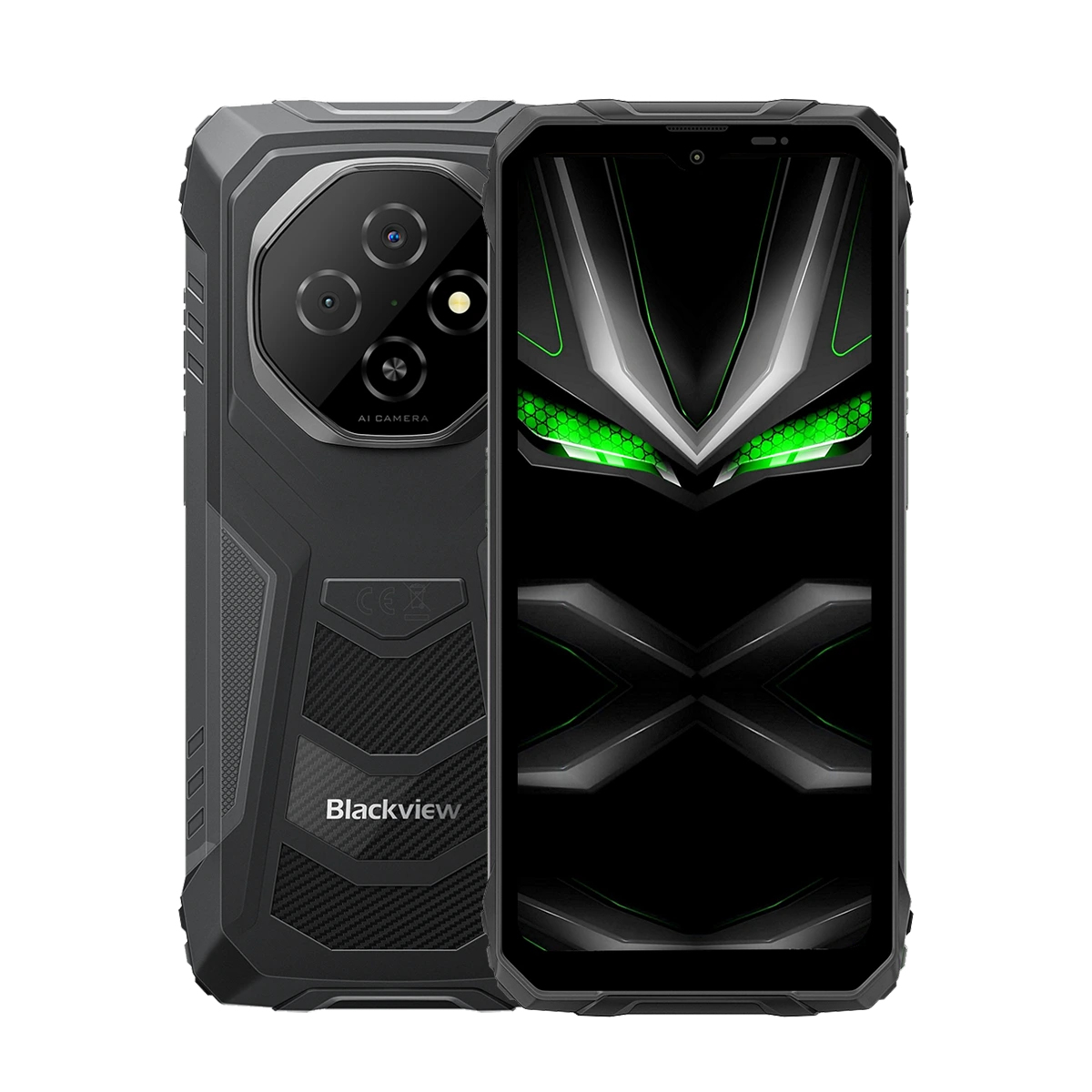 Czarny smartfon z potrójnym aparatem i futurystycznym zielonym wyświetlaczem.