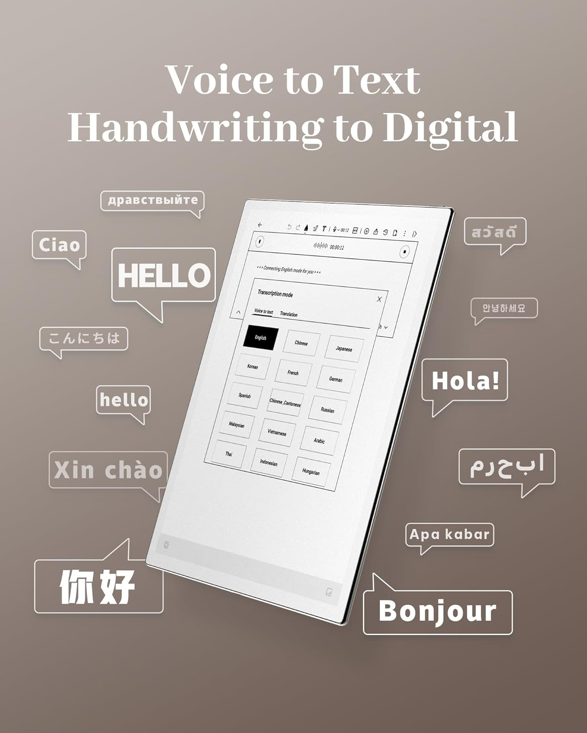 Un tablet mostra saluti in più lingue. Testo: "Voice to Text".