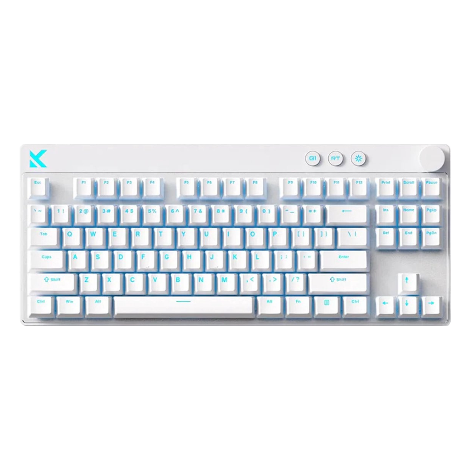 White mechanical keyboard with blue key legends and RGB backlighting.