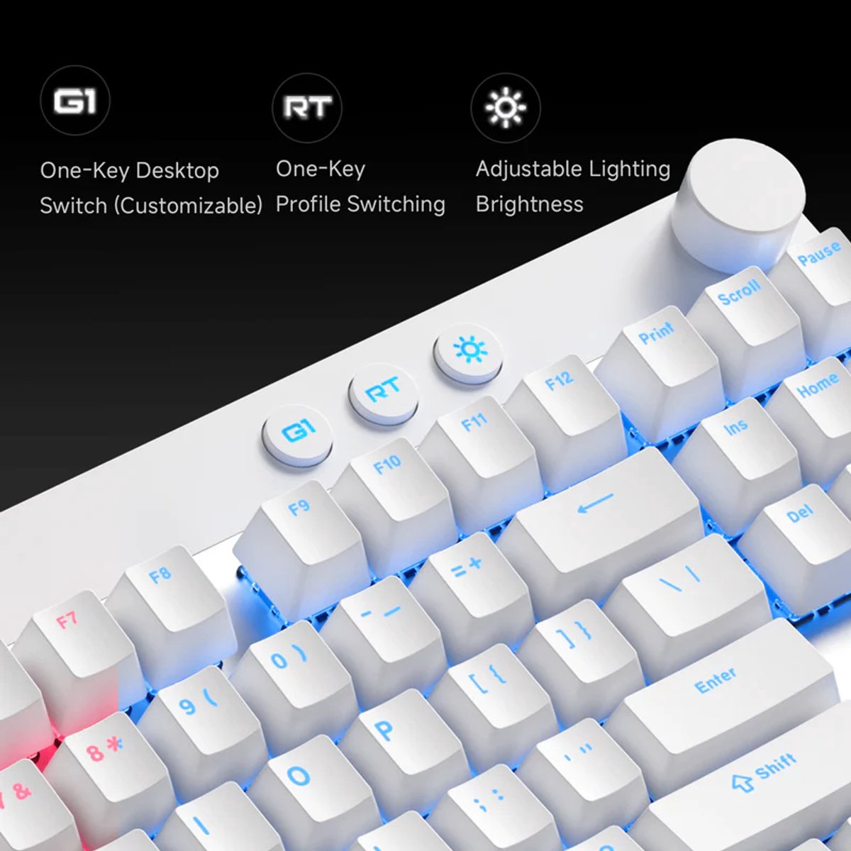 White keyboard with blue and red backlighting, featuring keys like G1, RT, F1-F12, and Enter.