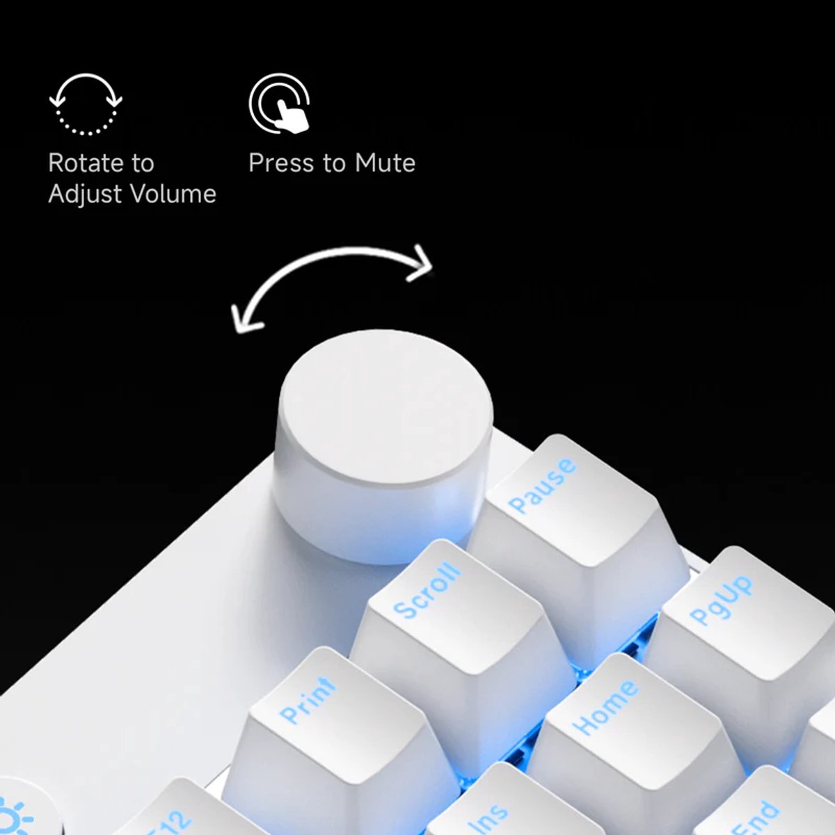 White keyboard with a rotary knob and illuminated keys like Scroll and Pause.