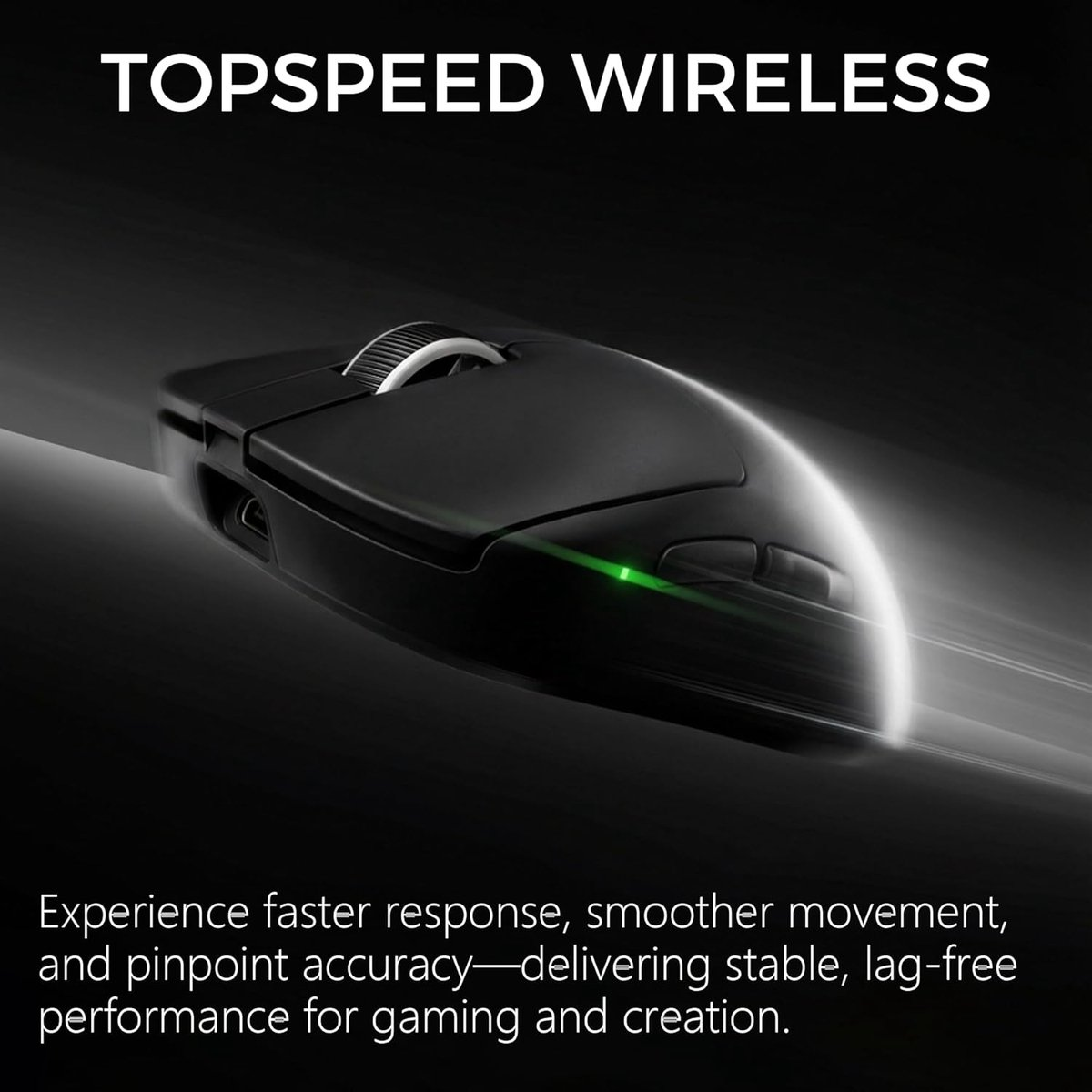 Black wireless mouse with green light, on a dark background. Topspeed Wireless.