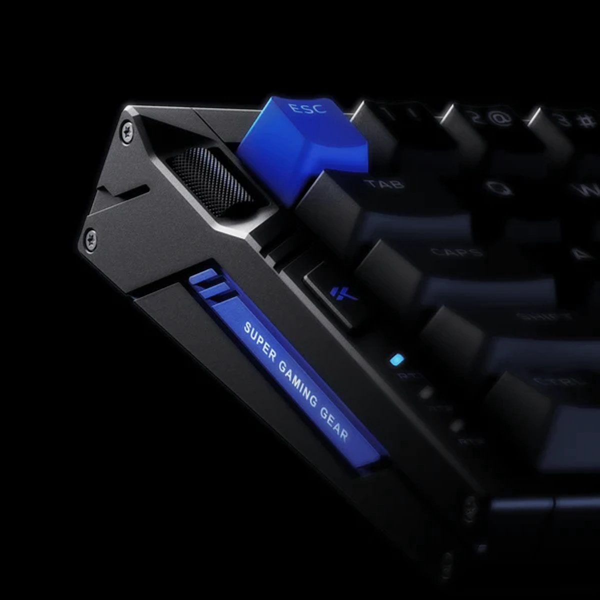 Close-up of a black gaming keyboard with a blue ESC key and "Super Gaming Gear" label.