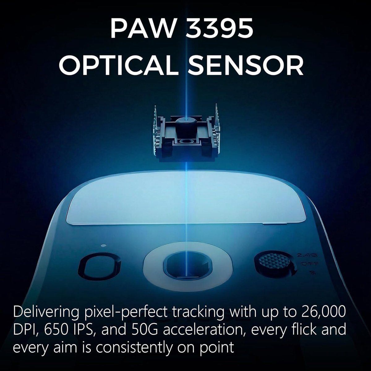 PAW 3395 optical sensor with blue laser beam on a mouse.