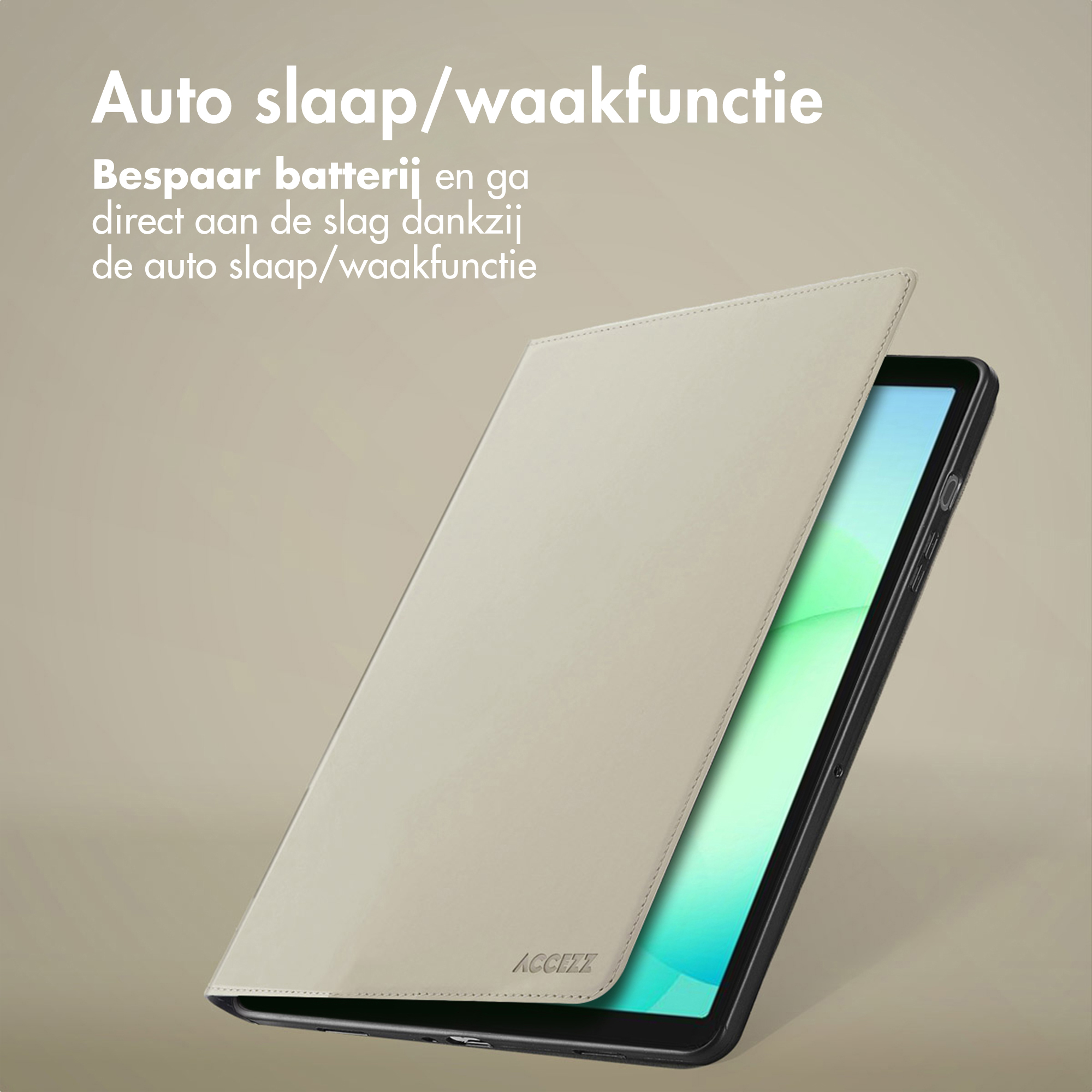 Een lichtbeige tablethoes is half open, met een tablet met blauwgroen scherm.