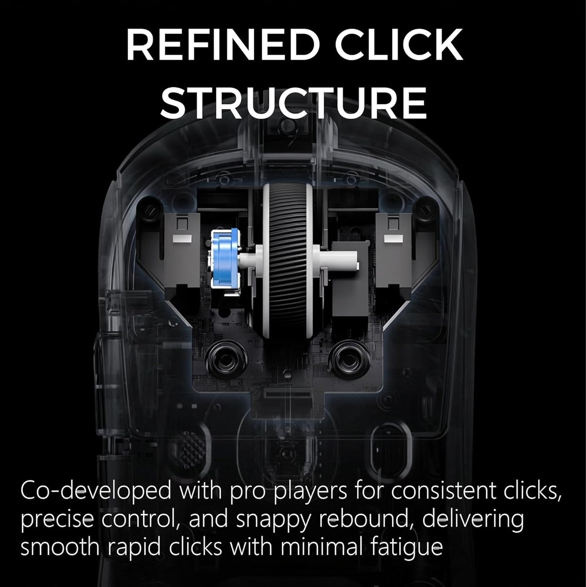 Close-up of a computer mouse's internal click mechanism with text.