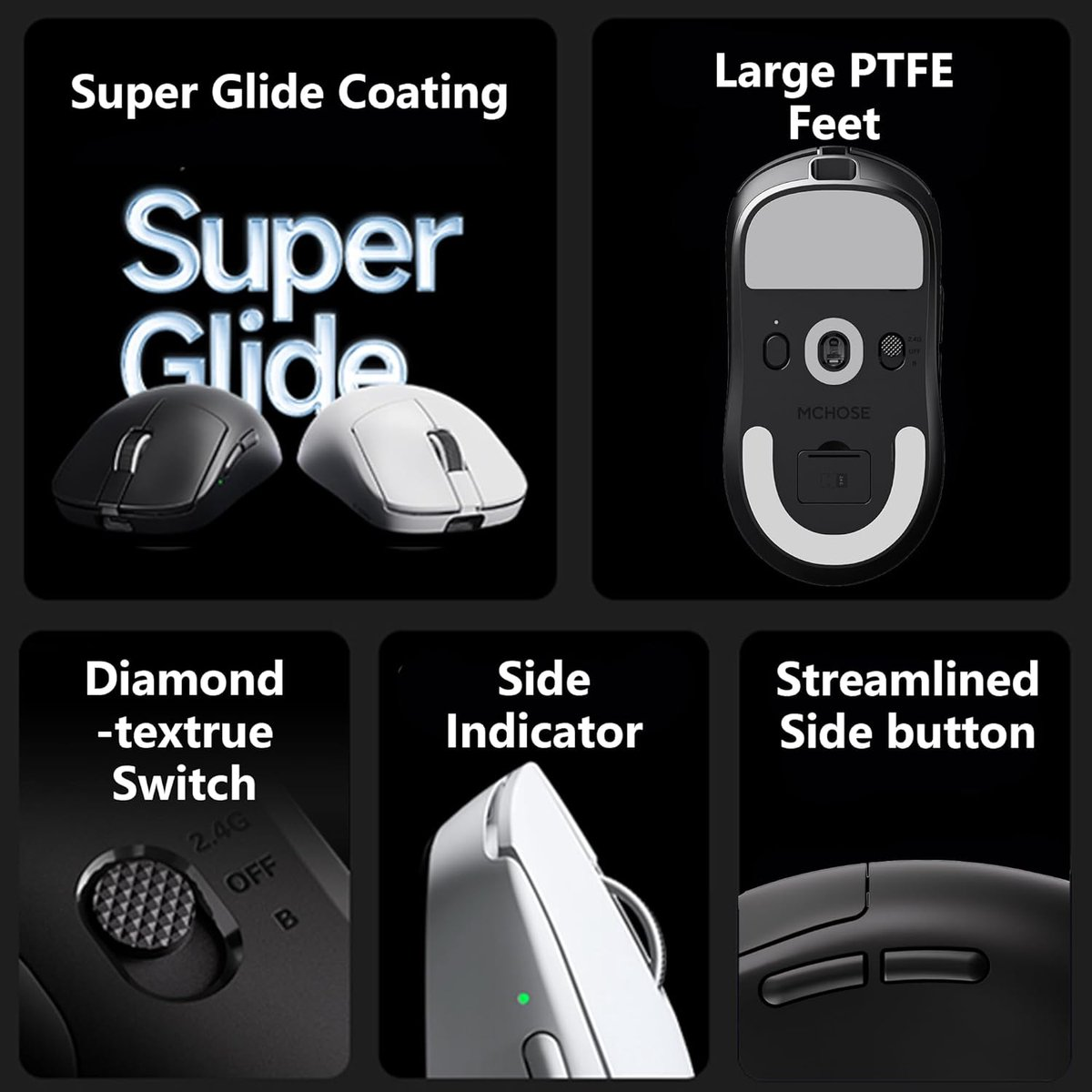 Multiple computer mice with labels for coating, feet, switch, indicator, and buttons.