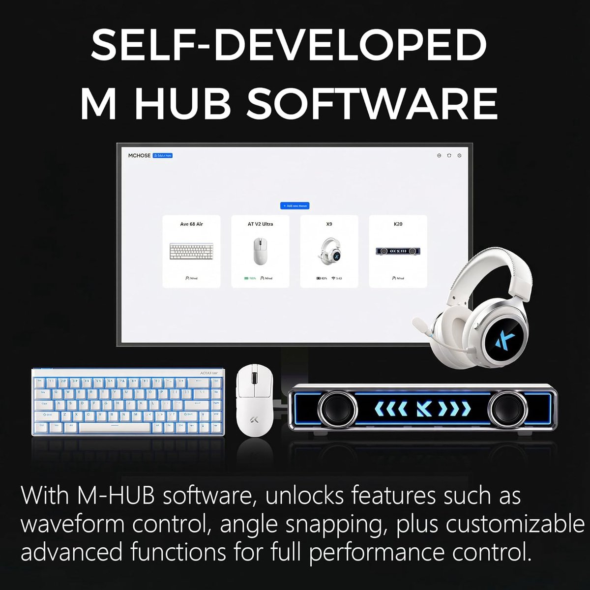 Computer accessories: keyboard, mouse, headphones, speakers & software interface.