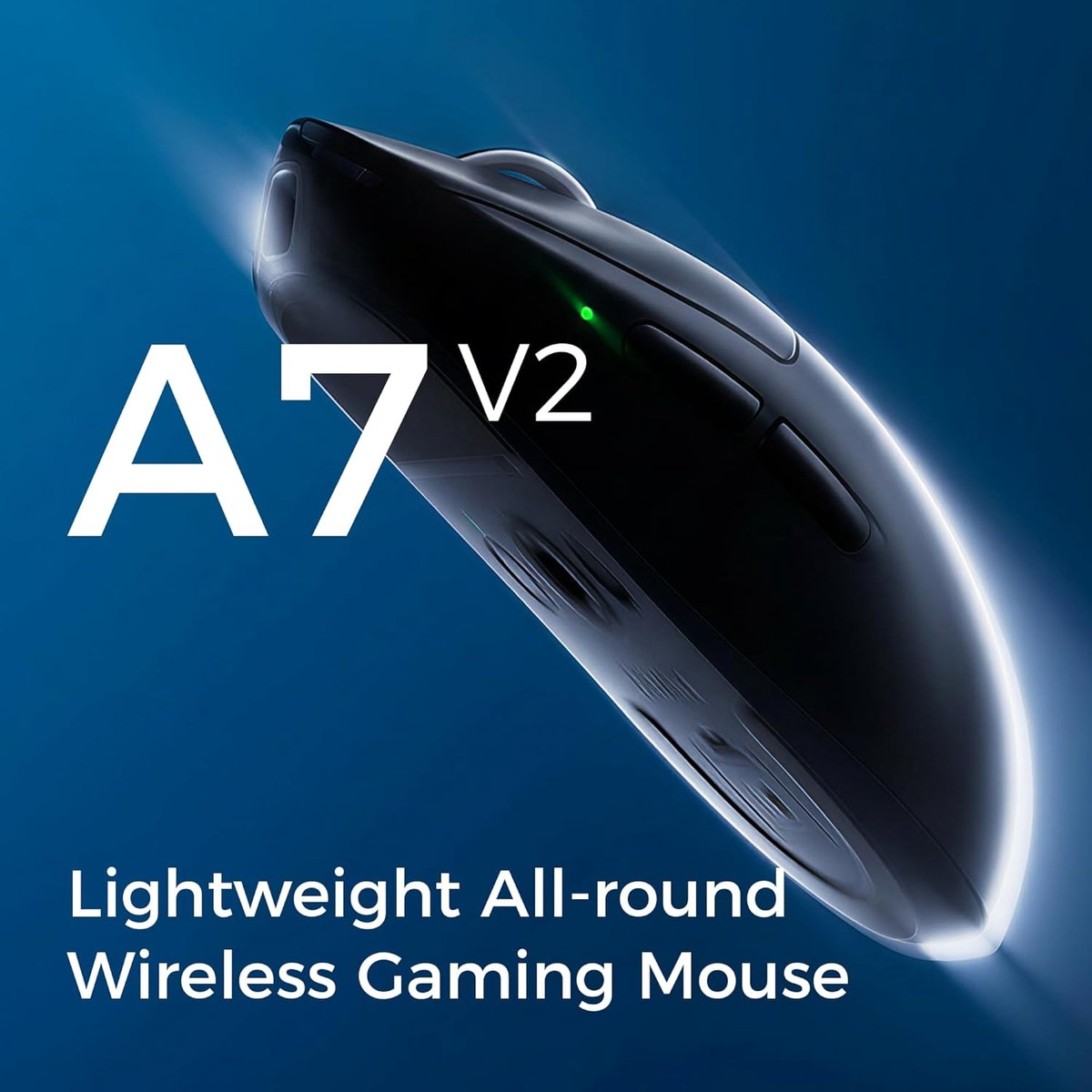 Black A7 V2 wireless gaming mouse with green LED on blue background.
