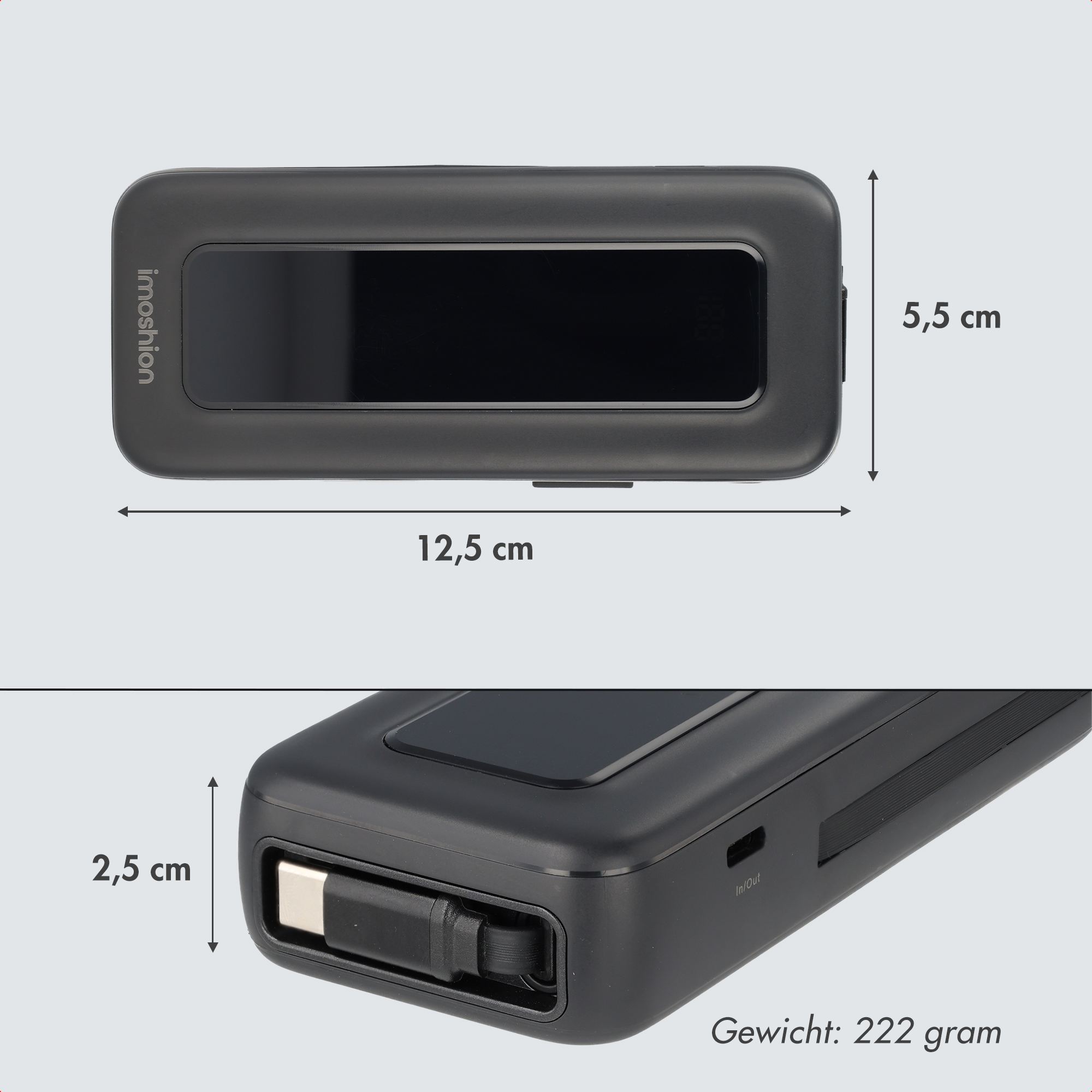 Chargeur portable noir, 12,5 x 5,5 x 2,5 cm, pèse 222 grammes. Comprend des ports.
