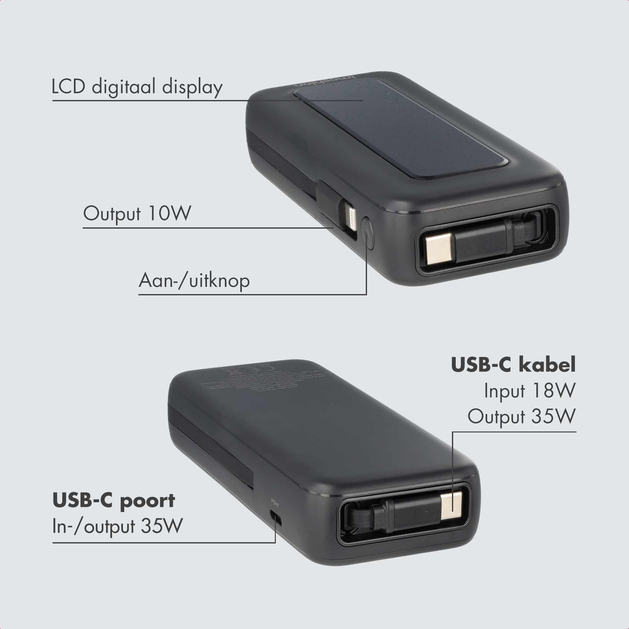 Deux vues d'une banque d'alimentation noire avec ports USB-C et écran LCD.