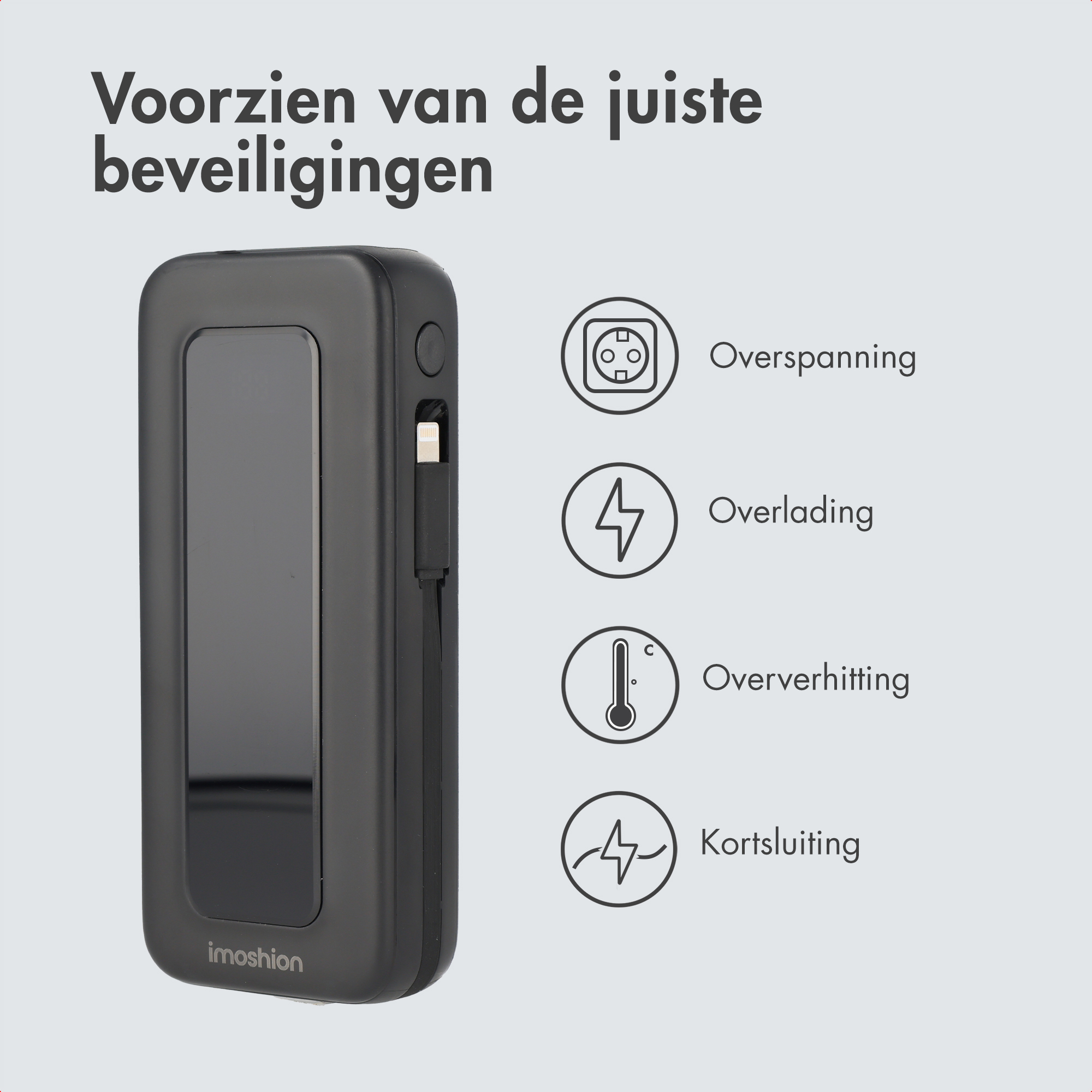 Un chargeur noir avec des icônes de surcharge, surtension, surchauffe et court-circuit.