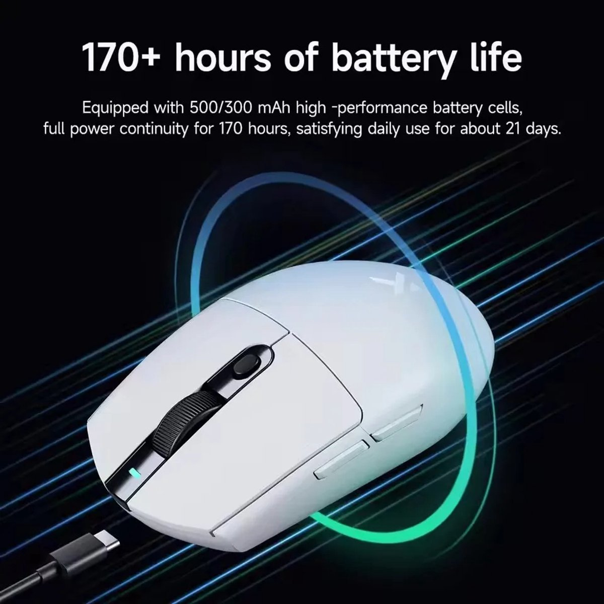 A white computer mouse with a USB-C connection and 170+ hours of battery life.