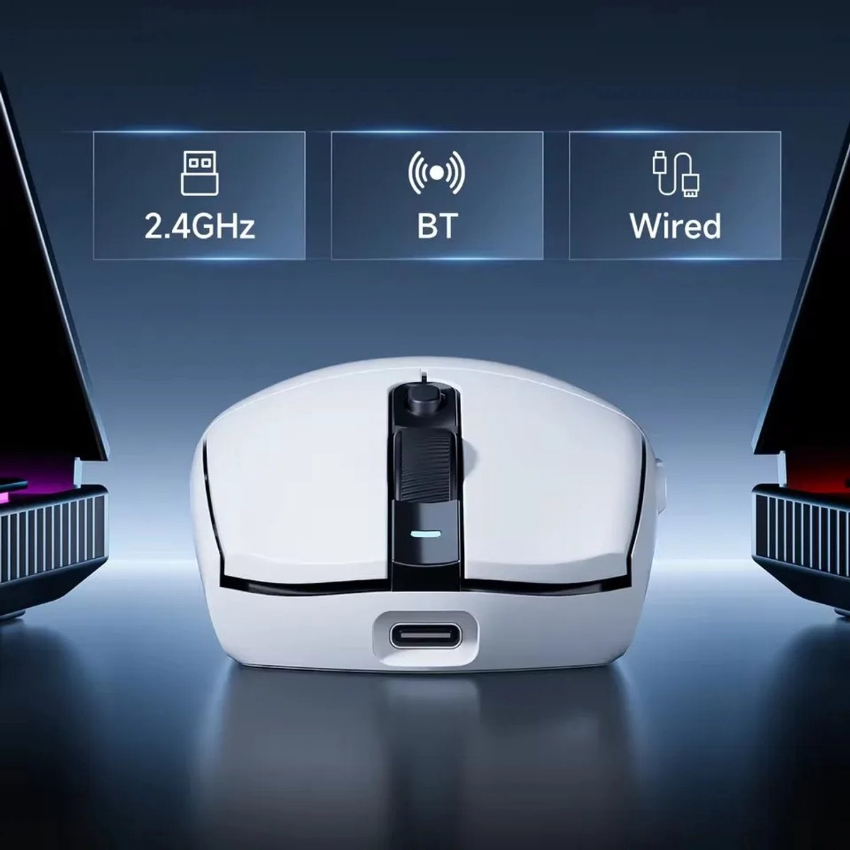 White computer mouse with scroll wheel and USB-C port.
