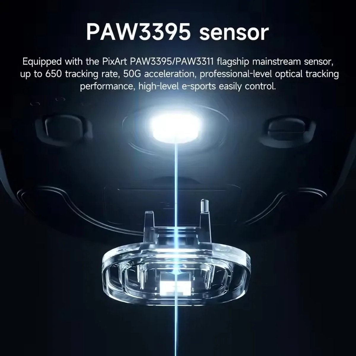 Close-up of a PAW3395 sensor with a blue light beam.