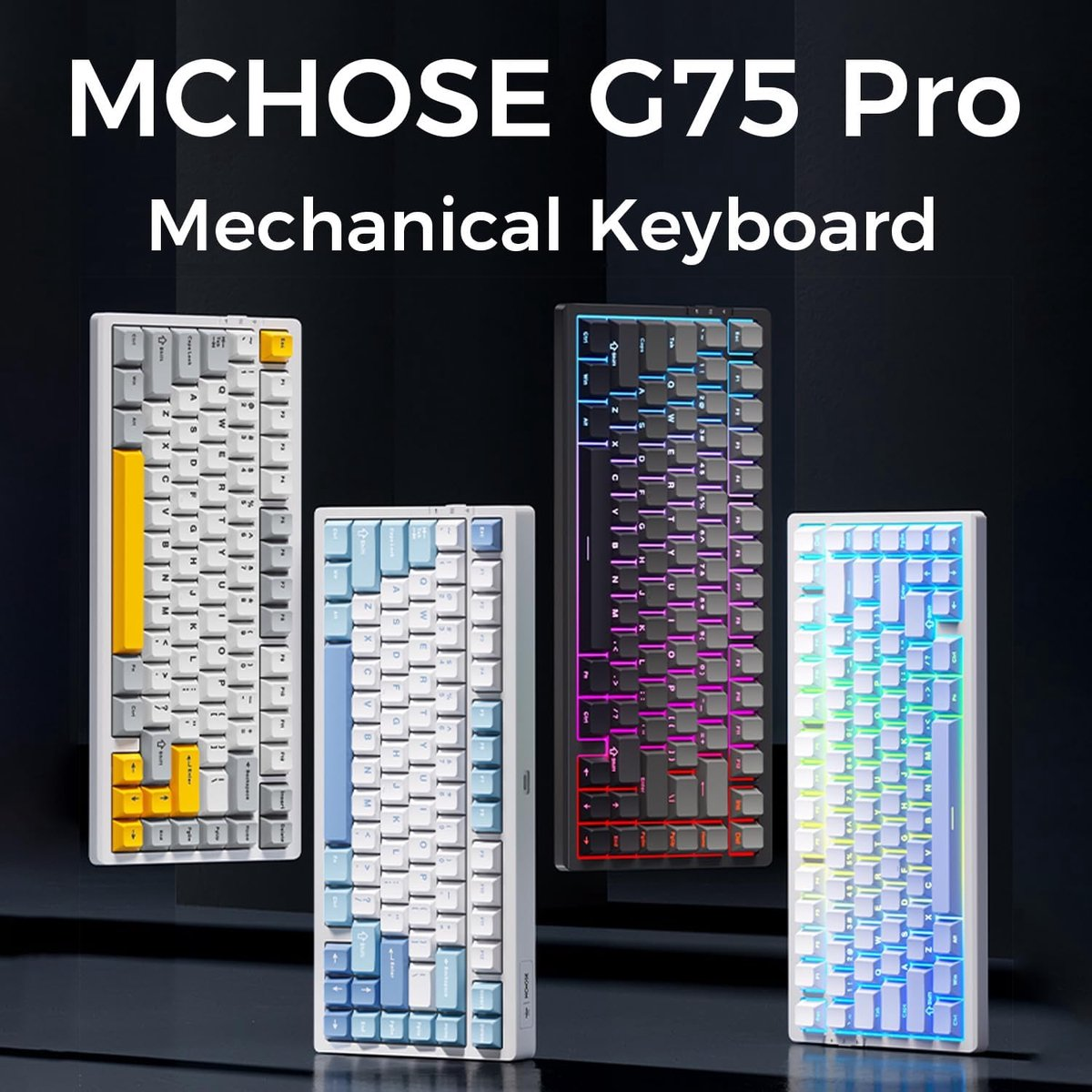 Four MCHOSE G75 Pro mechanical keyboards in various colors and lighting.
